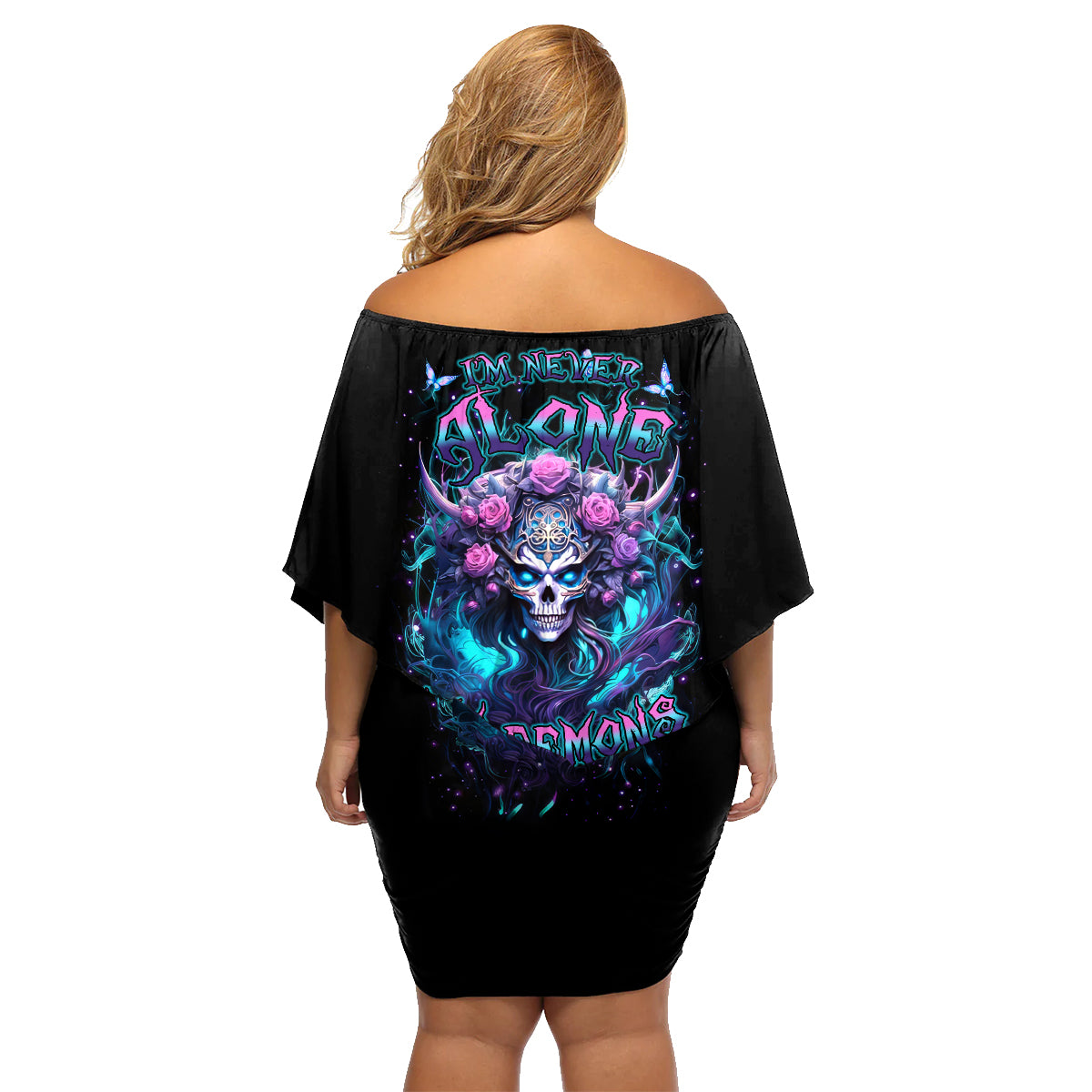Rose Skull Family Matching Off Shoulder Short Dress and Hawaiian Shirt I'm Never Alone My Demons Are With Me 24/7 - Wonder Print Shop