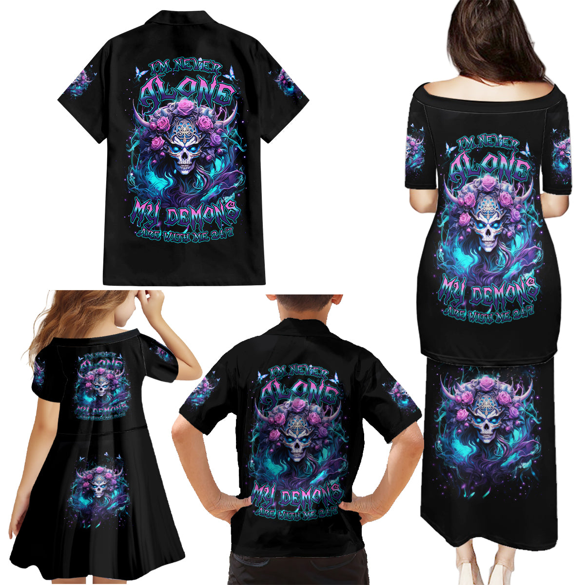 Rose Skull Family Matching Puletasi and Hawaiian Shirt I'm Never Alone My Demons Are With Me 24/7 - Wonder Print Shop