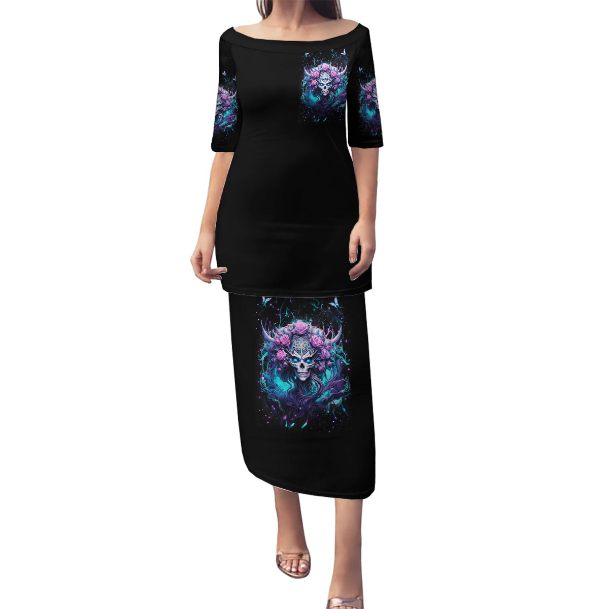 Rose Skull Family Matching Puletasi and Hawaiian Shirt I'm Never Alone My Demons Are With Me 24/7 - Wonder Print Shop