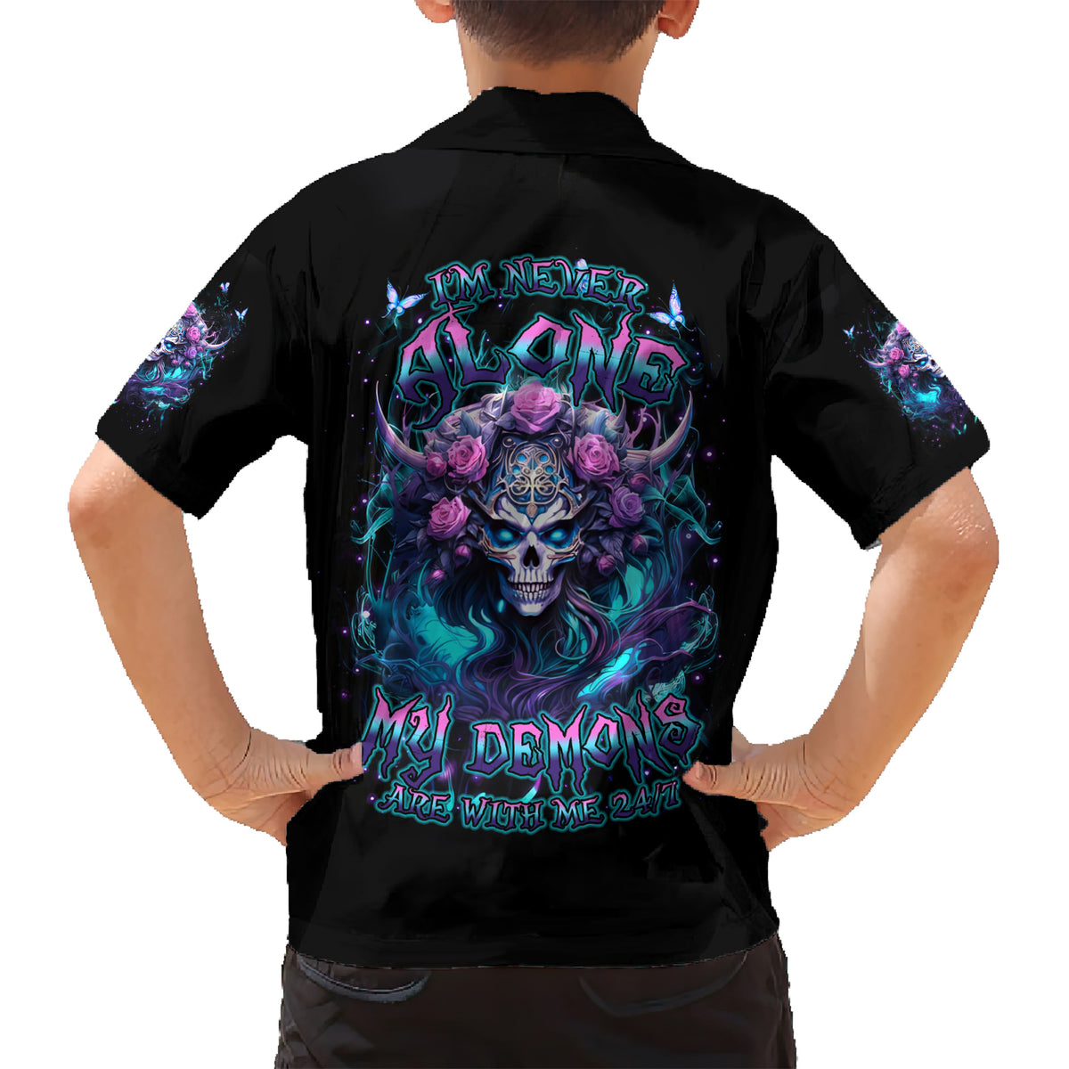 Rose Skull Family Matching Short Sleeve Bodycon Dress and Hawaiian Shirt I'm Never Alone My Demons Are With Me 24/7 - Wonder Print Shop