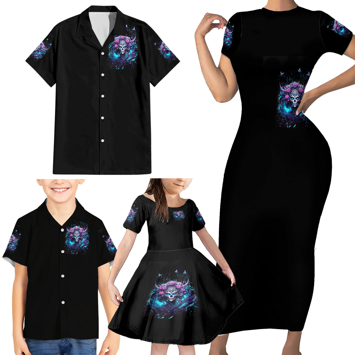 Rose Skull Family Matching Short Sleeve Bodycon Dress and Hawaiian Shirt I'm Never Alone My Demons Are With Me 24/7 - Wonder Print Shop