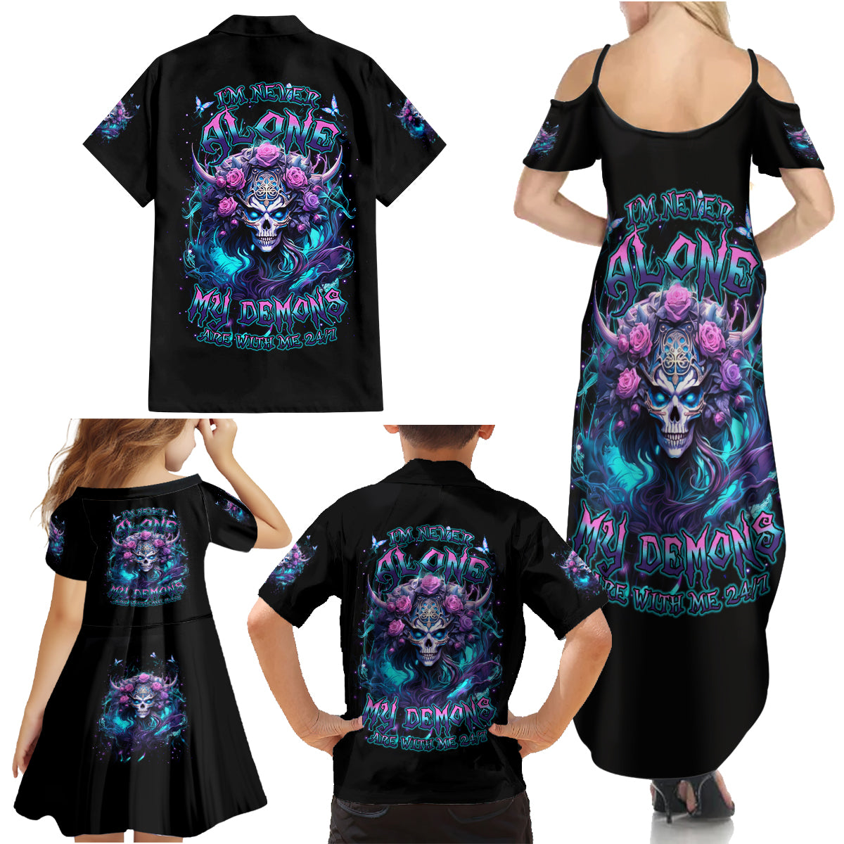 Rose Skull Family Matching Summer Maxi Dress and Hawaiian Shirt I'm Never Alone My Demons Are With Me 24/7 - Wonder Print Shop