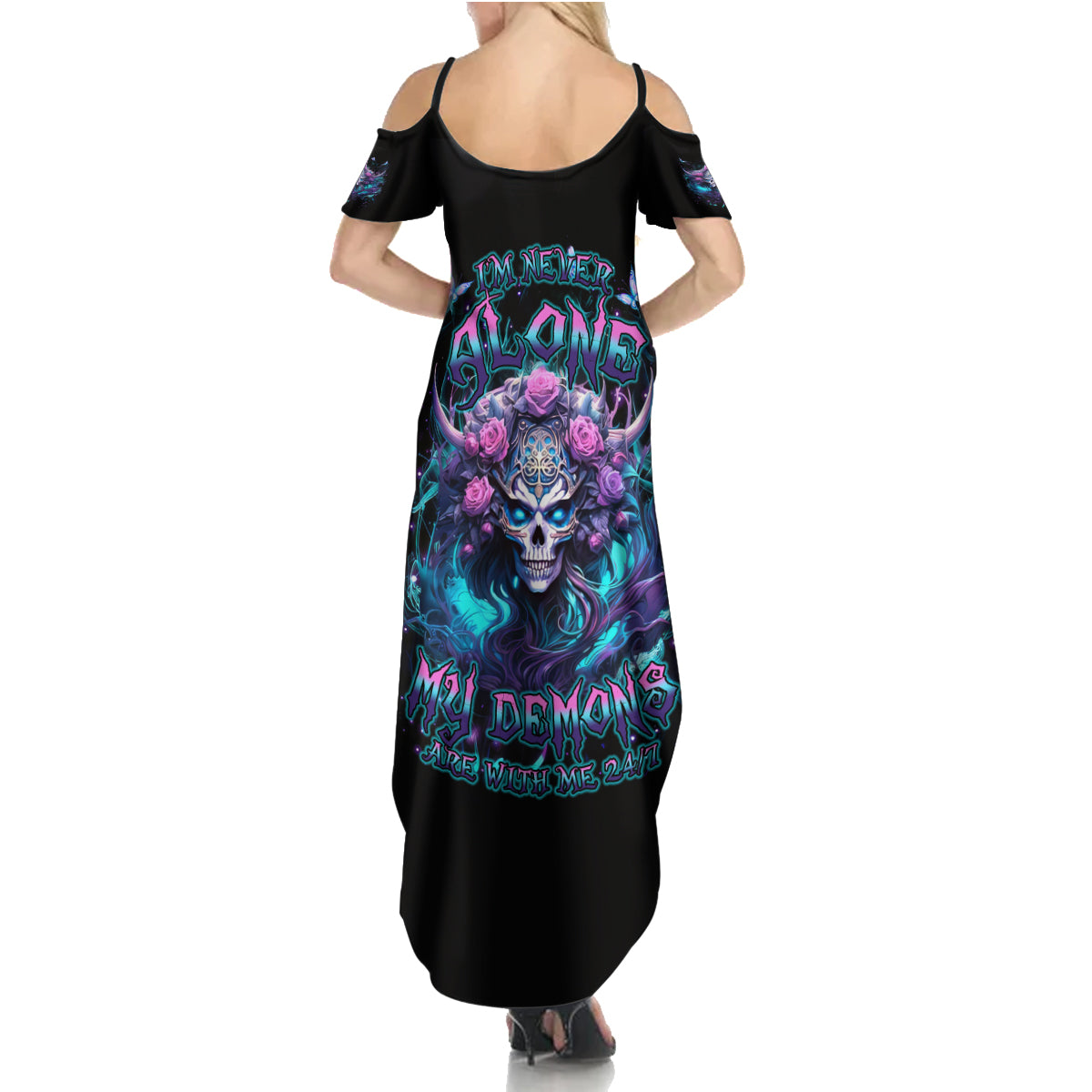 Rose Skull Family Matching Summer Maxi Dress and Hawaiian Shirt I'm Never Alone My Demons Are With Me 24/7 - Wonder Print Shop