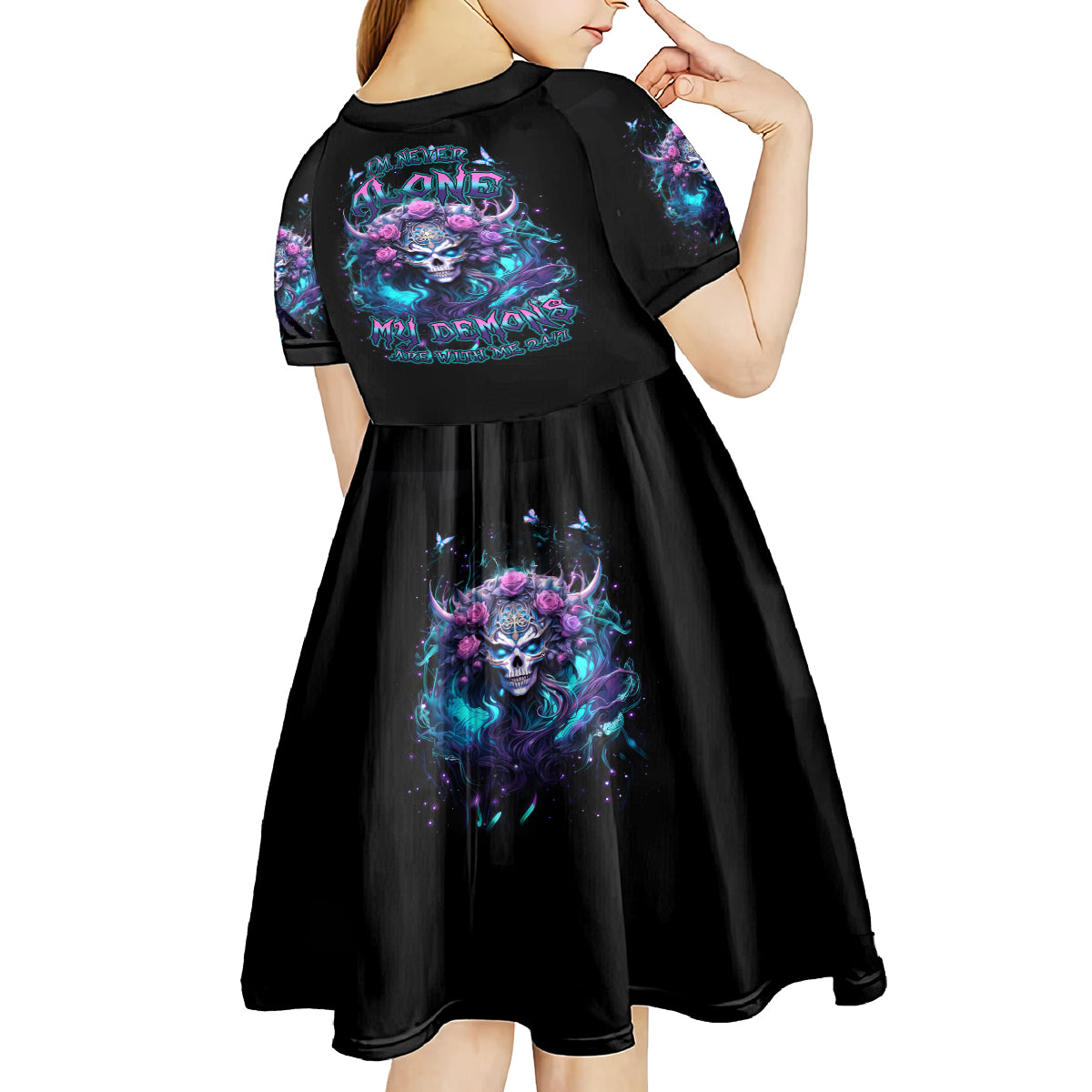 Rose Skull Kid Short Sleeve Dress I'm Never Alone My Demons Are With Me 24/7 - Wonder Print Shop