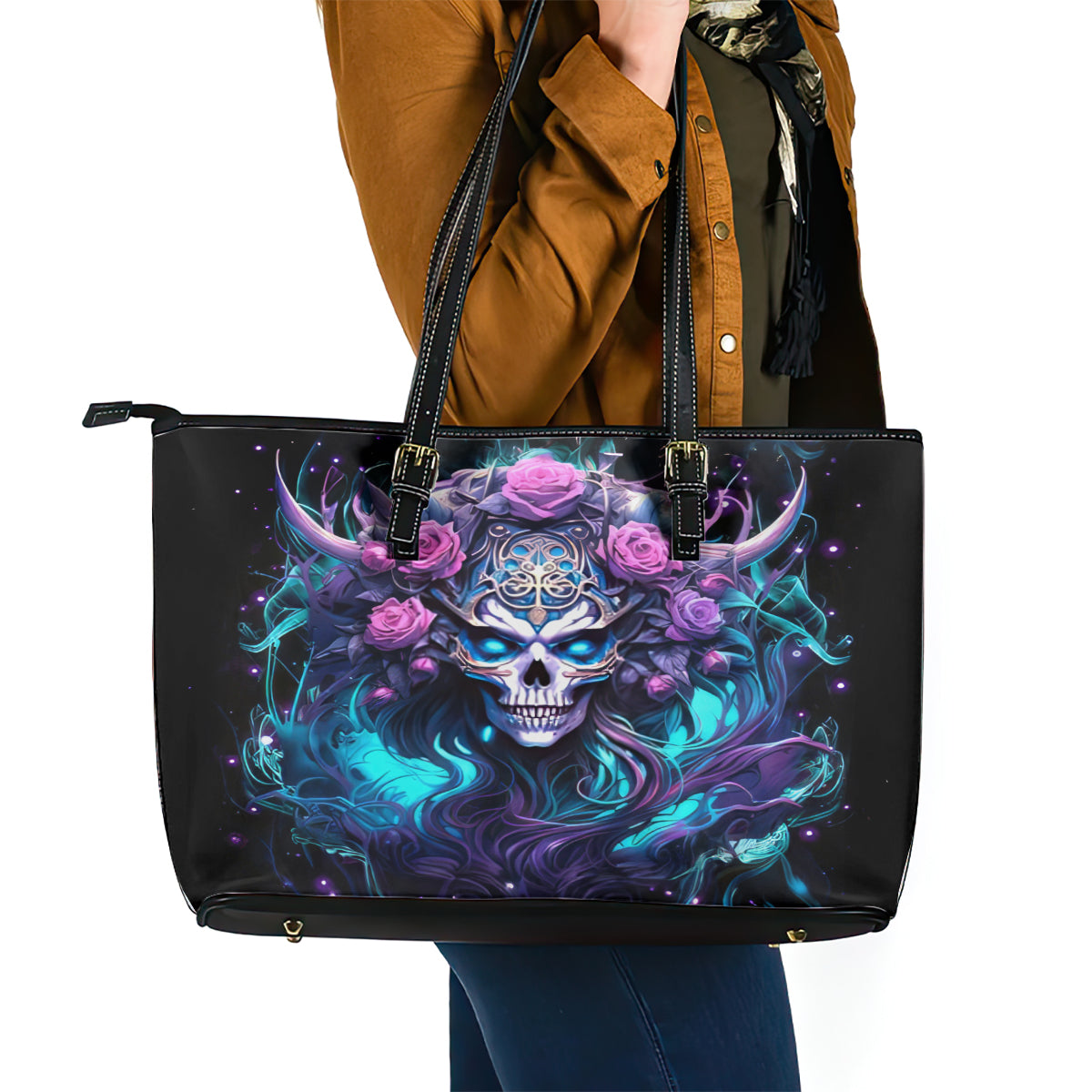 Rose Skull Leather Tote Bag I'm Never Alone My Demons Are With Me 24/7 - Wonder Print Shop