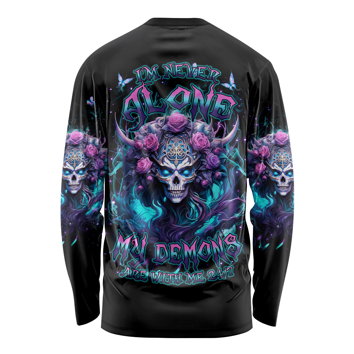 Rose Skull Long Sleeve Shirt I'm Never Alone My Demons Are With Me 24/7 - Wonder Print Shop
