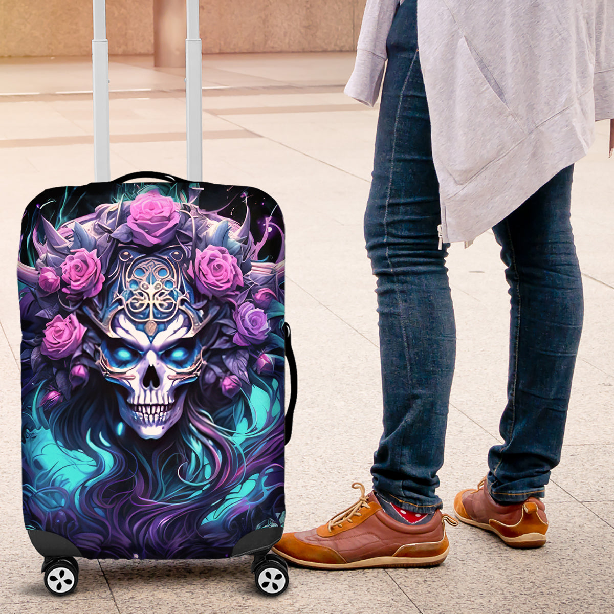 Rose Skull Luggage Cover I'm Never Alone My Demons Are With Me 24/7 - Wonder Print Shop