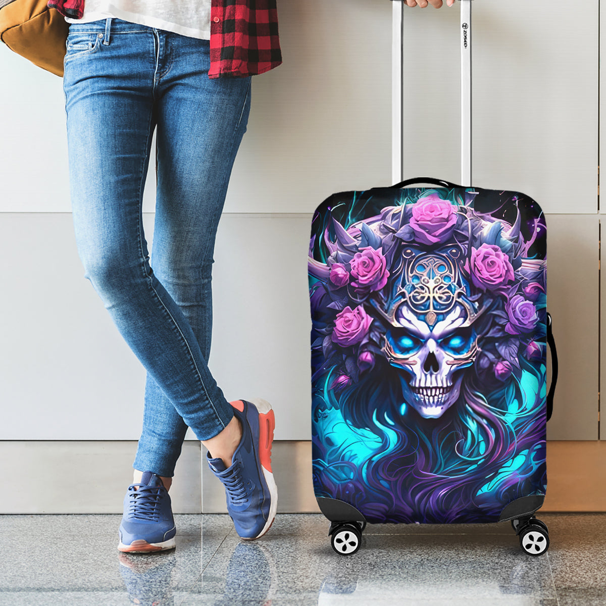 Rose Skull Luggage Cover I'm Never Alone My Demons Are With Me 24/7 - Wonder Print Shop