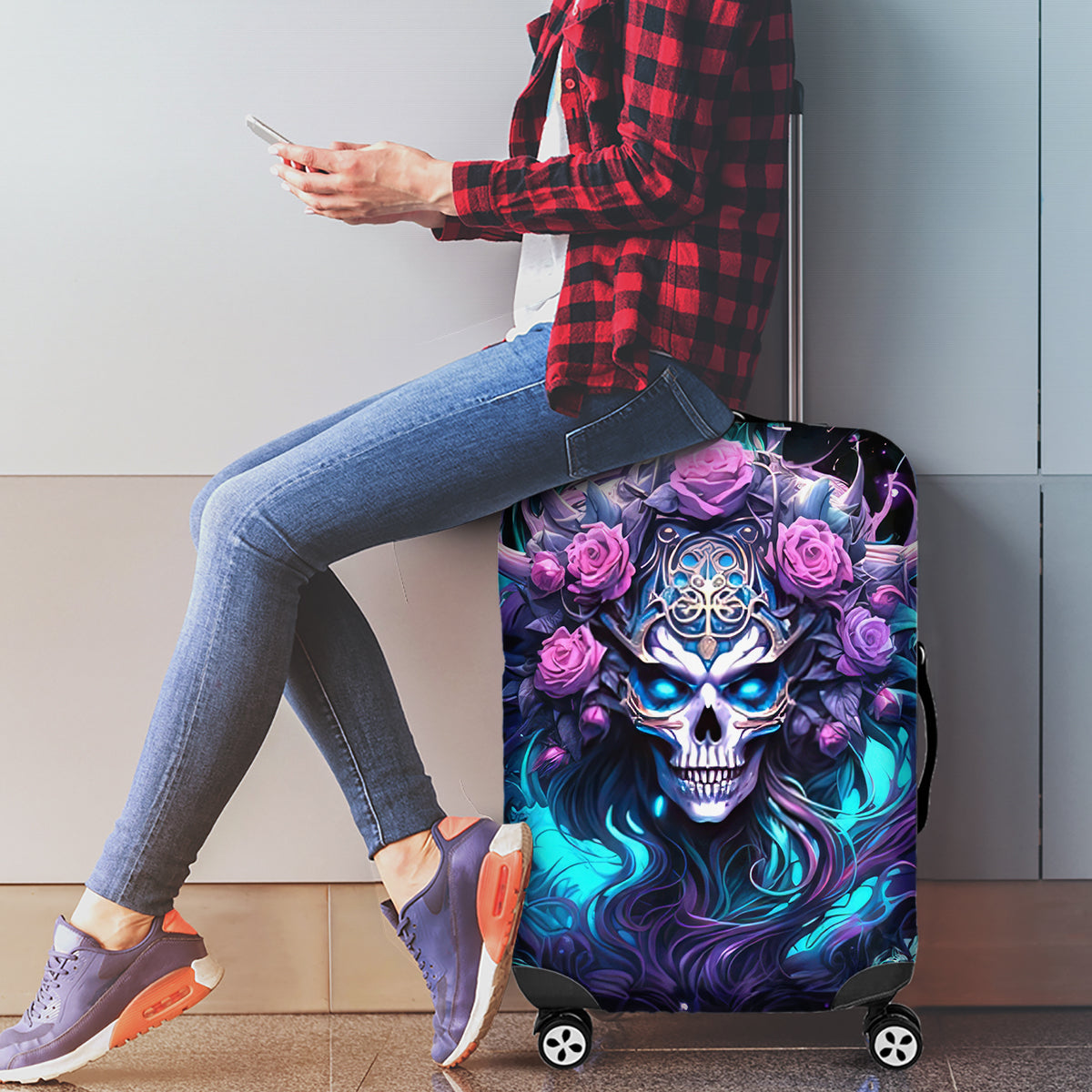 Rose Skull Luggage Cover I'm Never Alone My Demons Are With Me 24/7 - Wonder Print Shop