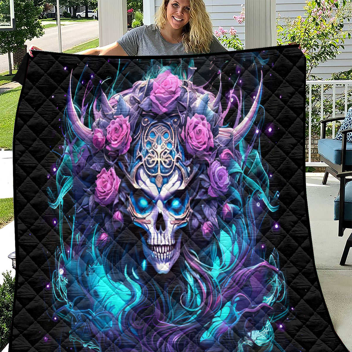 Rose Skull Quilt I'm Never Alone My Demons Are With Me 24/7 - Wonder Print Shop
