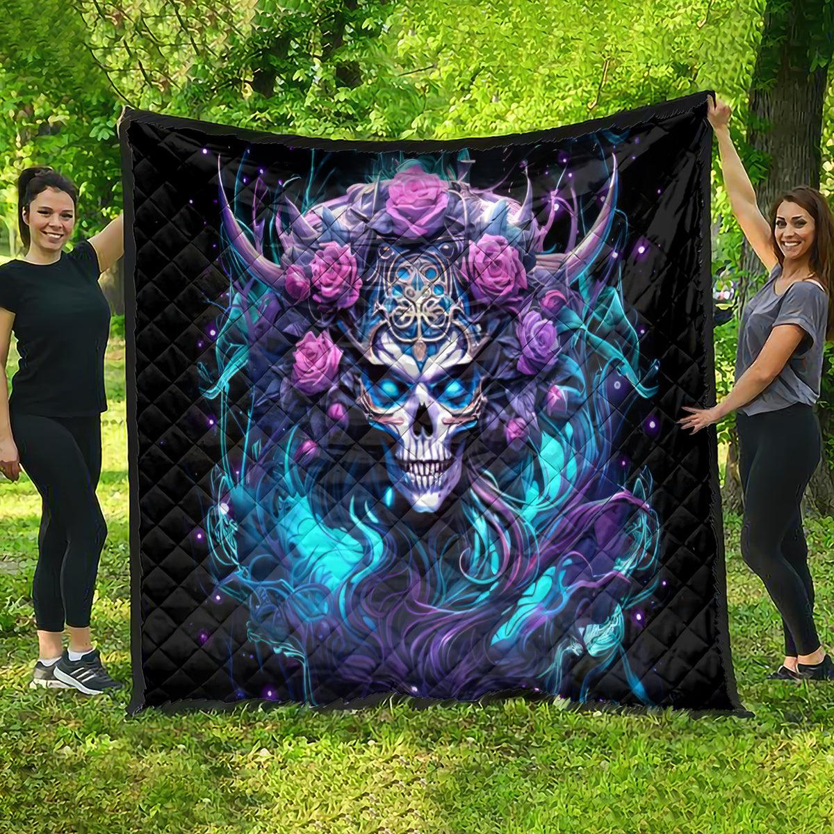 Rose Skull Quilt I'm Never Alone My Demons Are With Me 24/7 - Wonder Print Shop