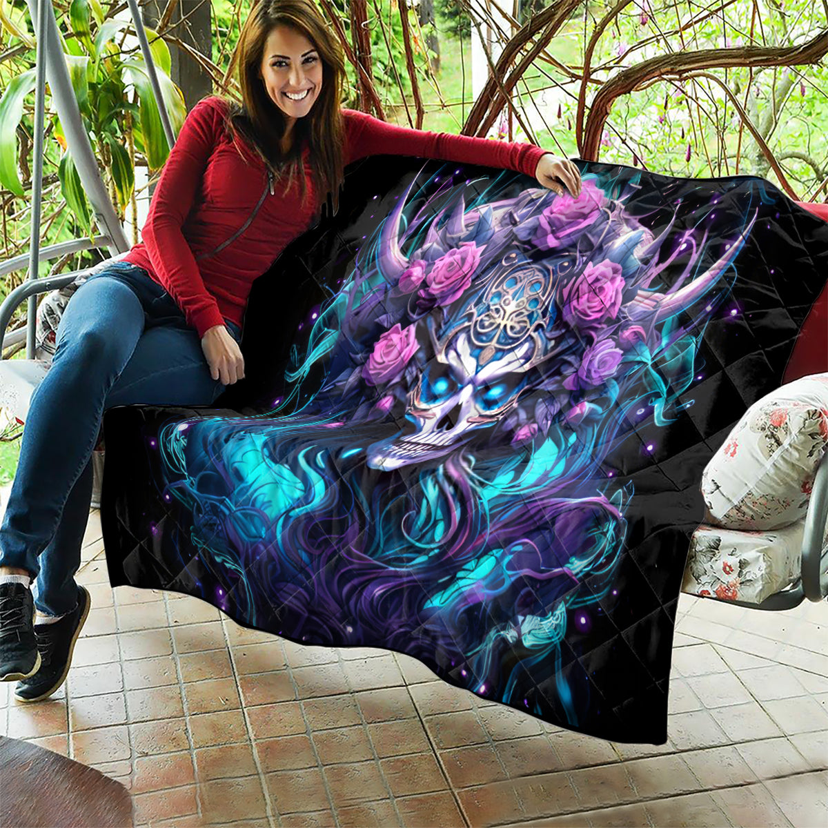 Rose Skull Quilt I'm Never Alone My Demons Are With Me 24/7 - Wonder Print Shop