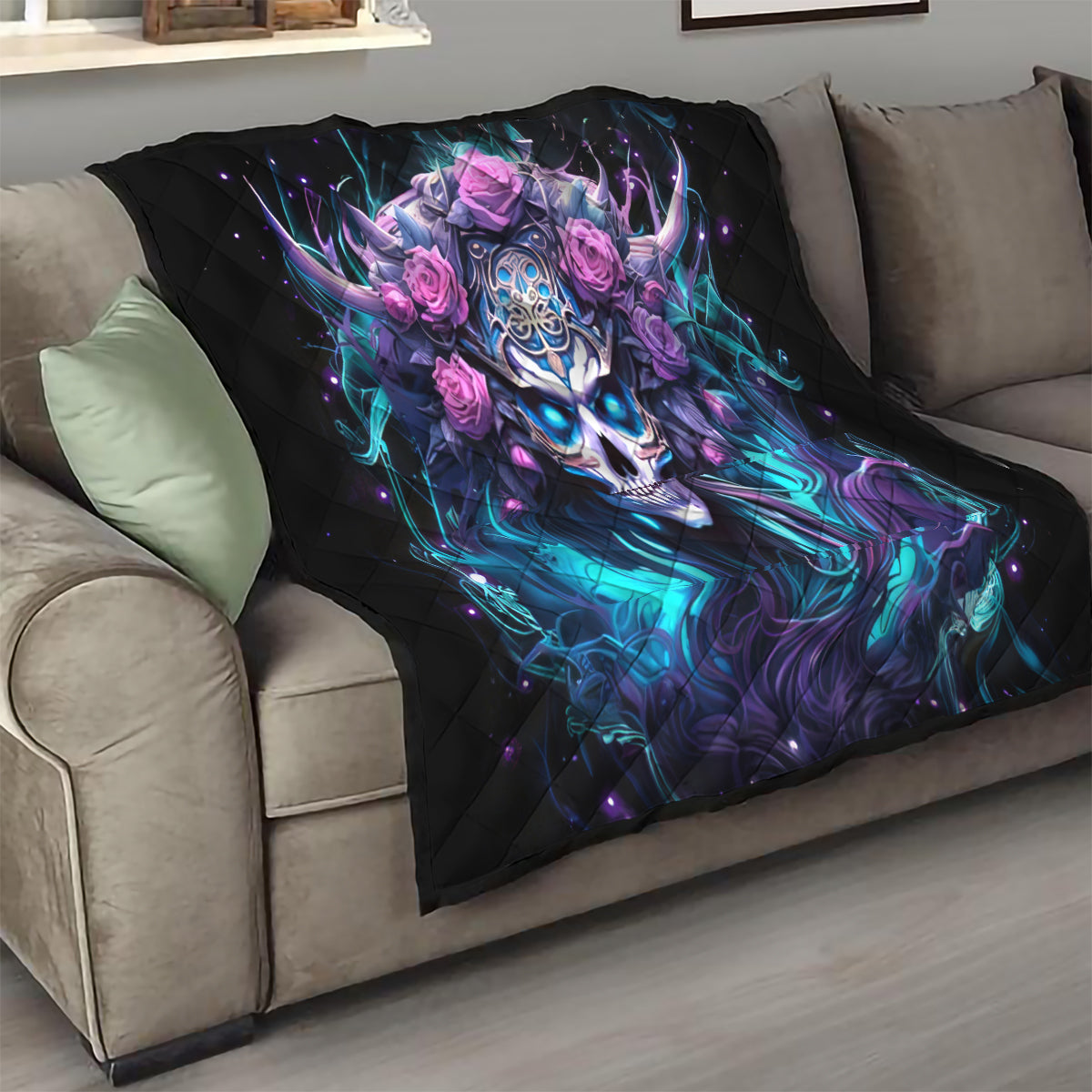 Rose Skull Quilt I'm Never Alone My Demons Are With Me 24/7 - Wonder Print Shop