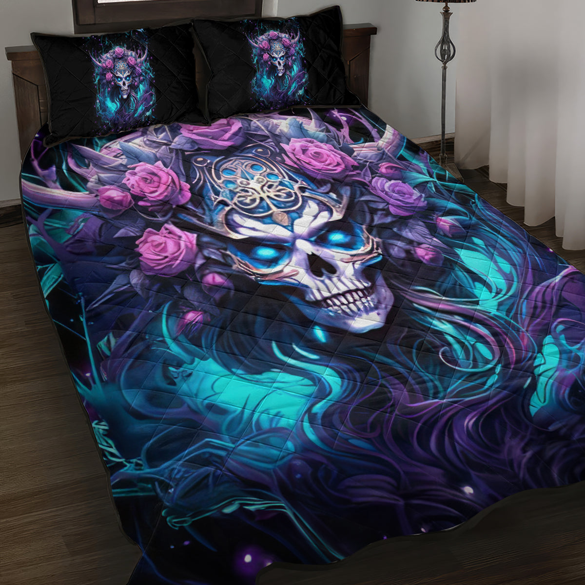 Rose Skull Quilt Bed Set I'm Never Alone My Demons Are With Me 24/7 - Wonder Print Shop