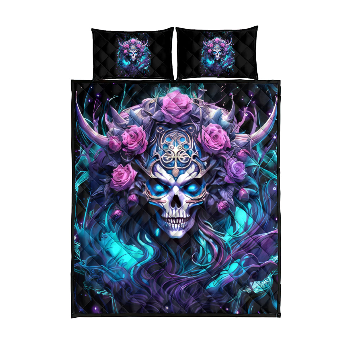 Rose Skull Quilt Bed Set I'm Never Alone My Demons Are With Me 24/7 - Wonder Print Shop