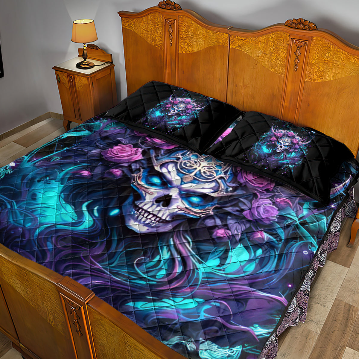 Rose Skull Quilt Bed Set I'm Never Alone My Demons Are With Me 24/7 - Wonder Print Shop