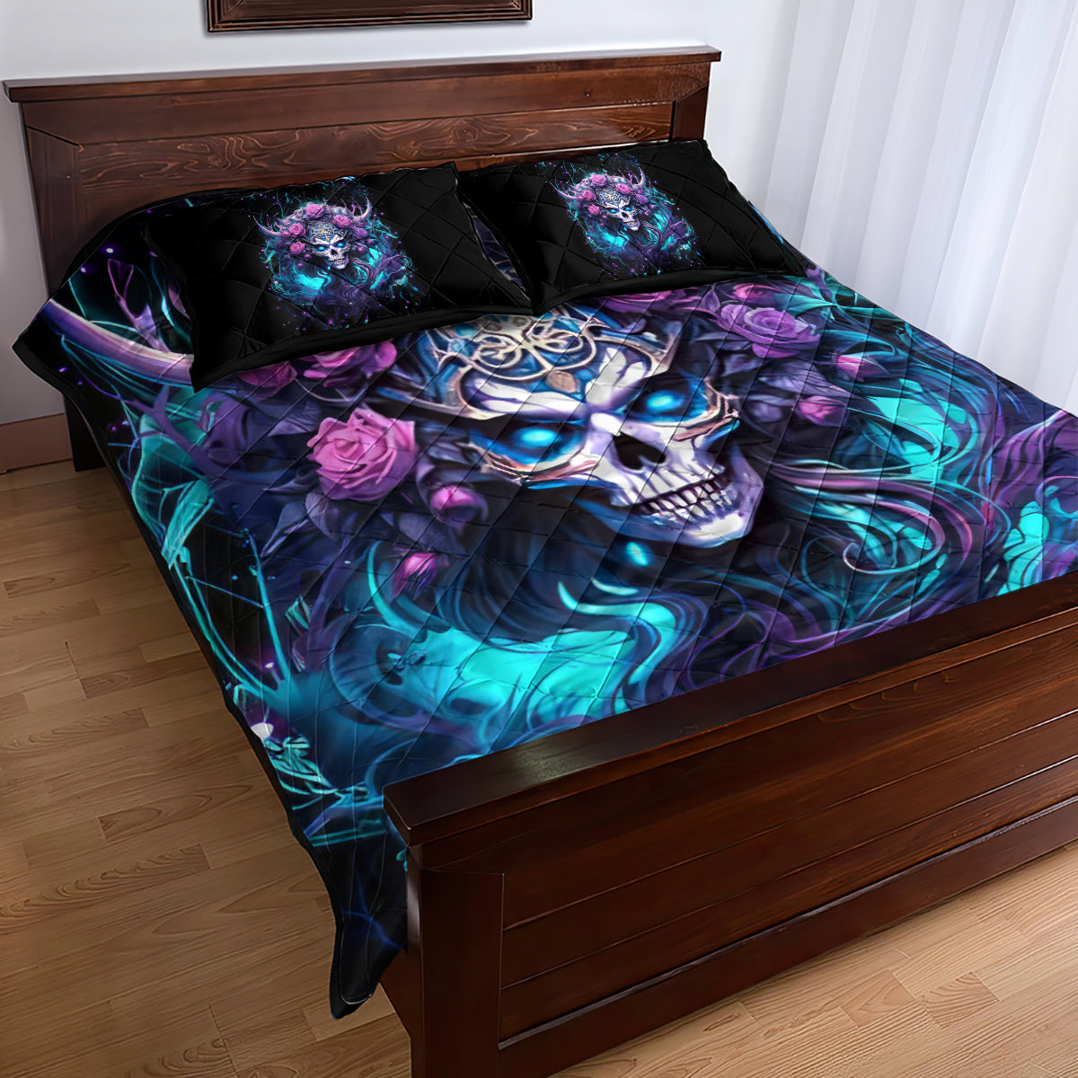 Rose Skull Quilt Bed Set I'm Never Alone My Demons Are With Me 24/7 - Wonder Print Shop