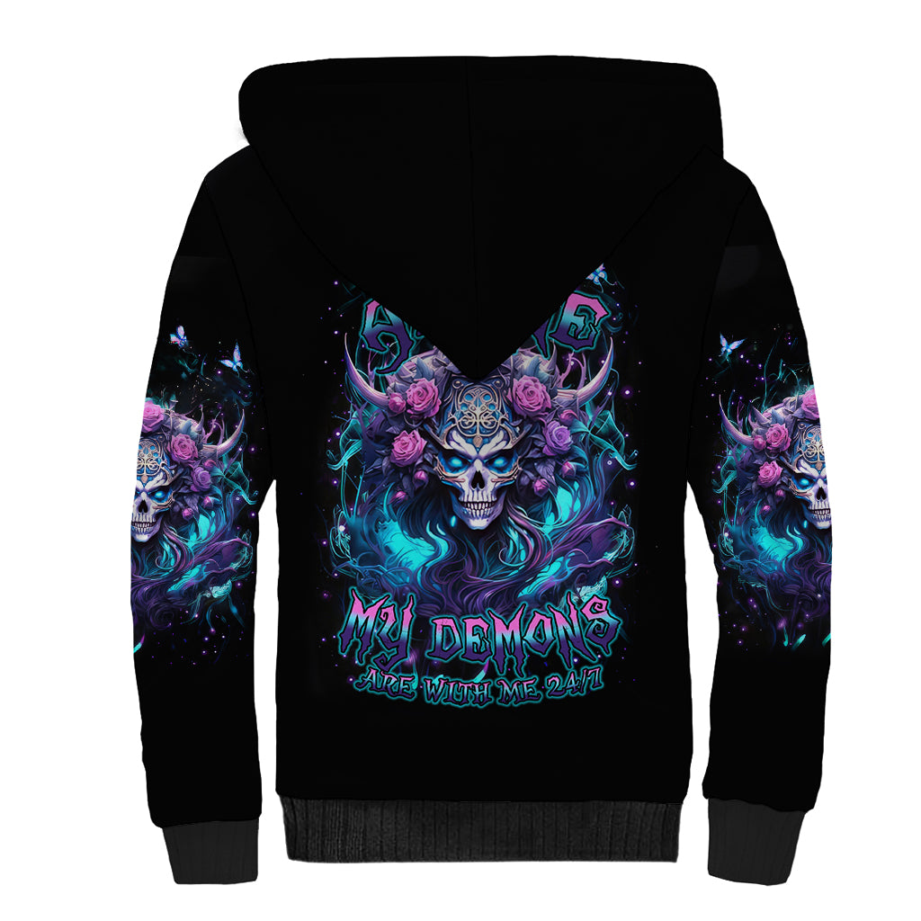 Rose Skull Sherpa Hoodie I'm Never Alone My Demons Are With Me 24/7 - Wonder Print Shop