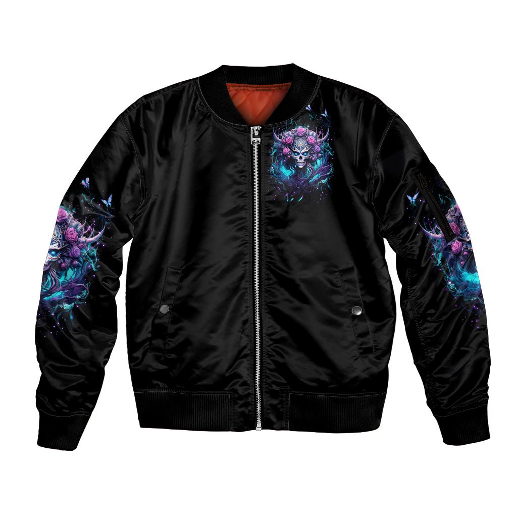 Rose Skull Sleeve Zip Bomber Jacket I'm Never Alone My Demons Are With Me 24/7 - Wonder Print Shop