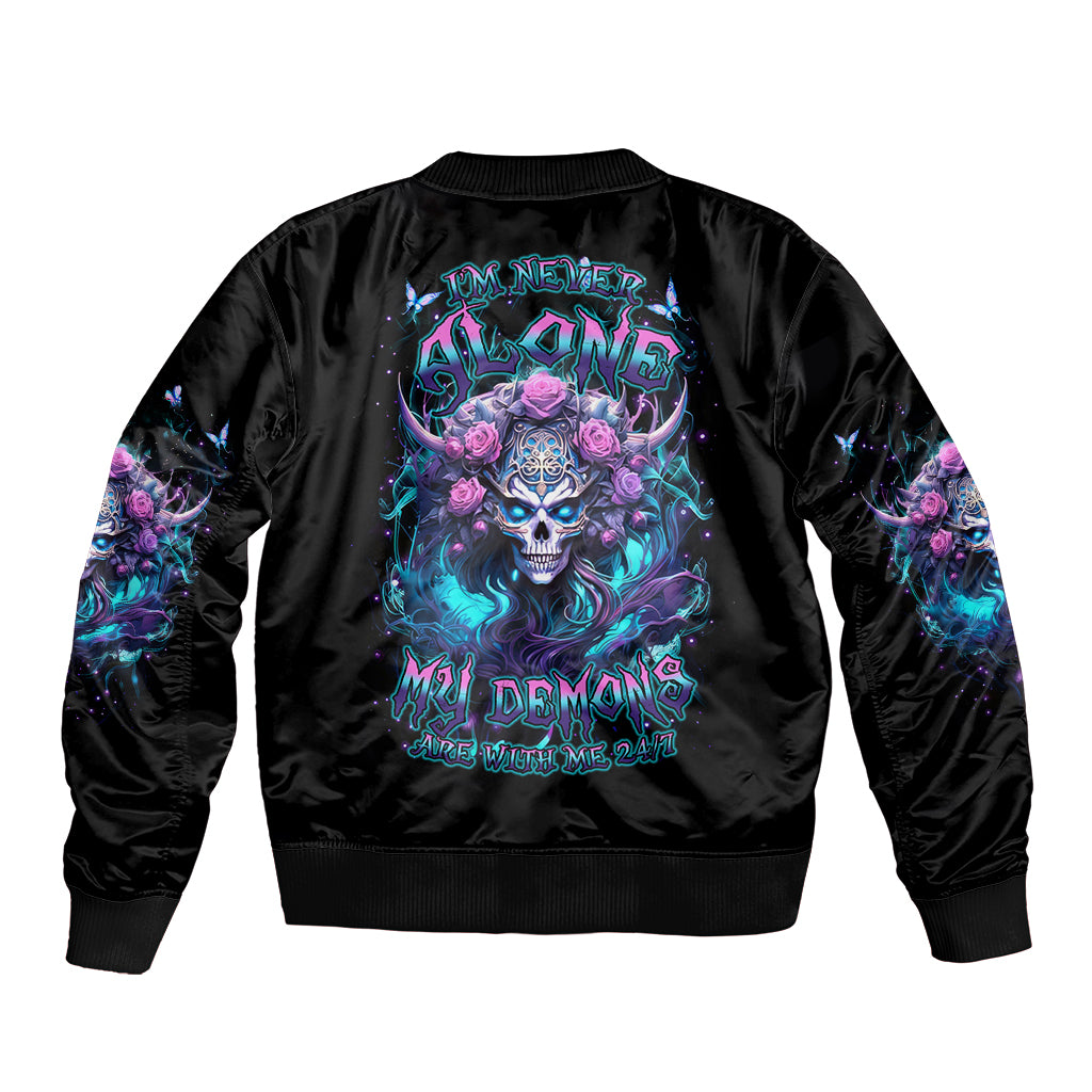 Rose Skull Sleeve Zip Bomber Jacket I'm Never Alone My Demons Are With Me 24/7 - Wonder Print Shop