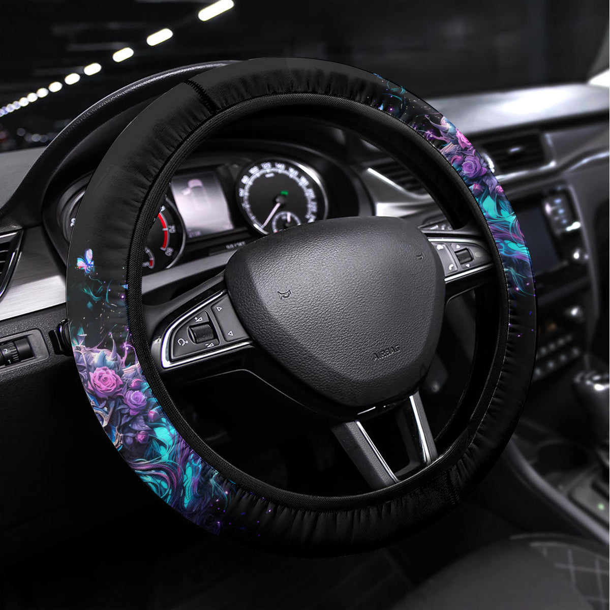 Rose Skull Steering Wheel Cover I'm Never Alone My Demons Are With Me 24/7 - Wonder Print Shop