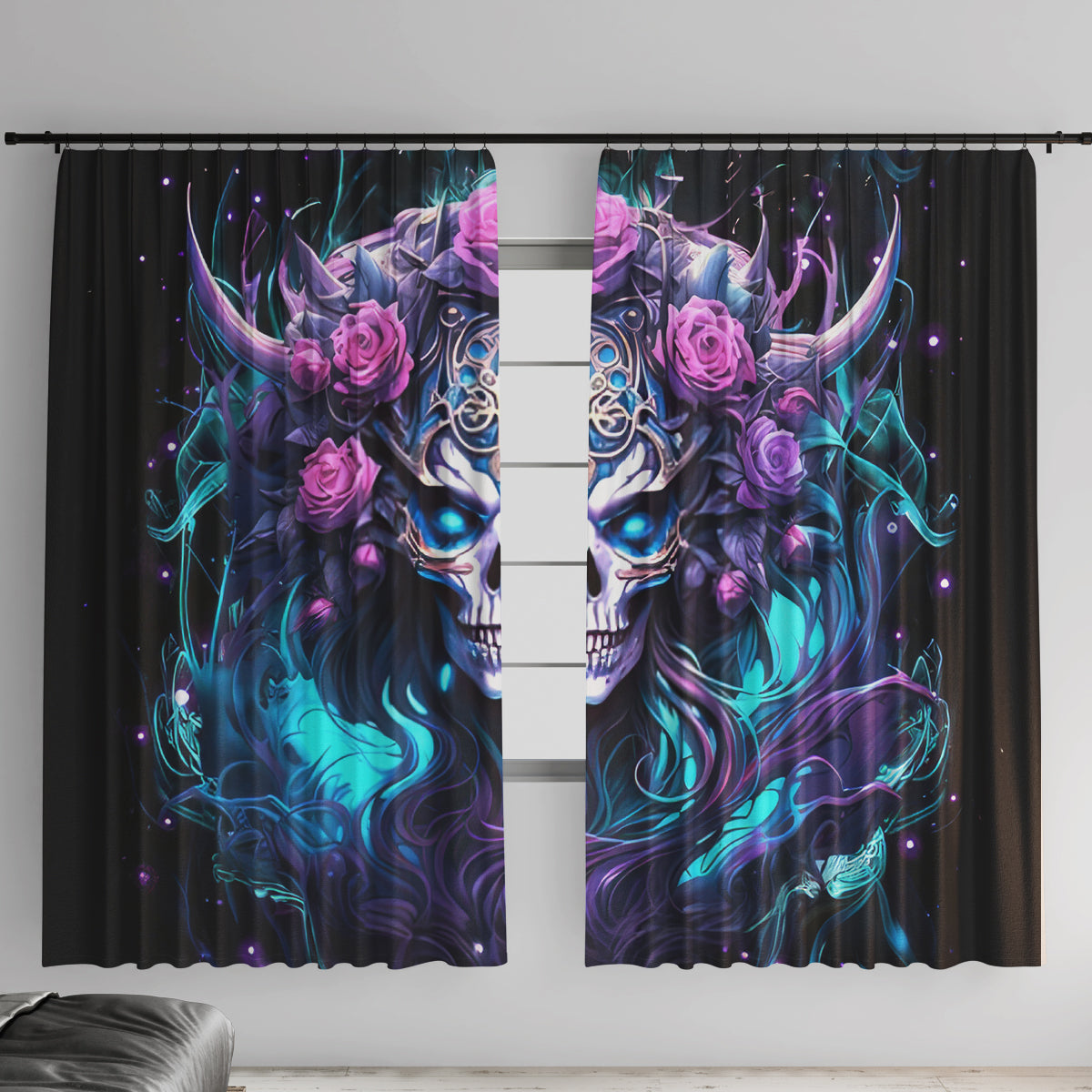 Rose Skull Window Curtain I'm Never Alone My Demons Are With Me 24/7 - Wonder Print Shop