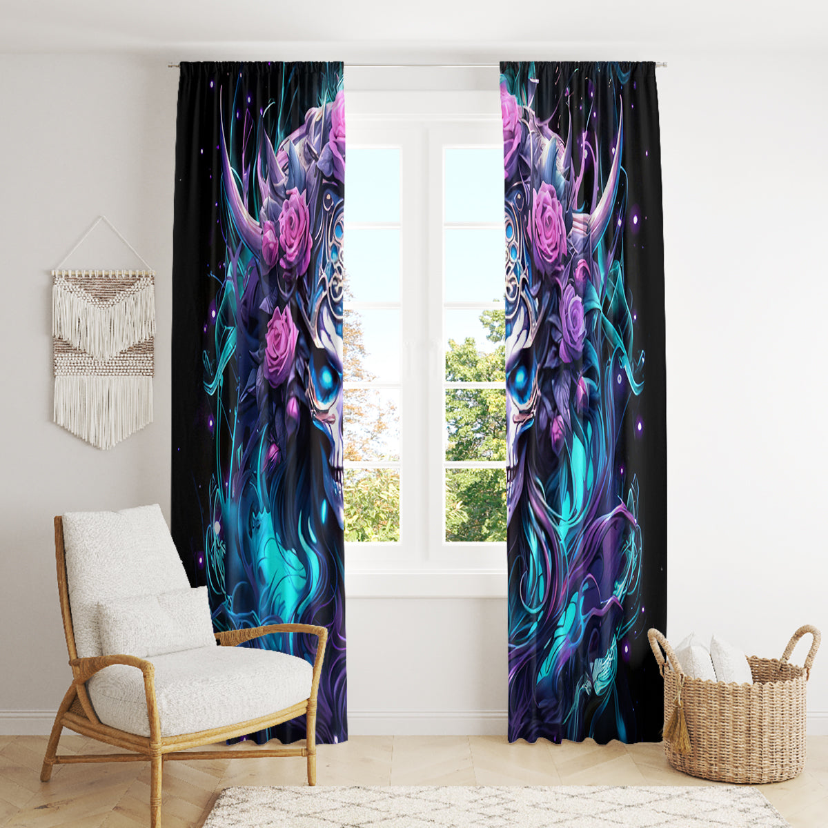 Rose Skull Window Curtain I'm Never Alone My Demons Are With Me 24/7 - Wonder Print Shop