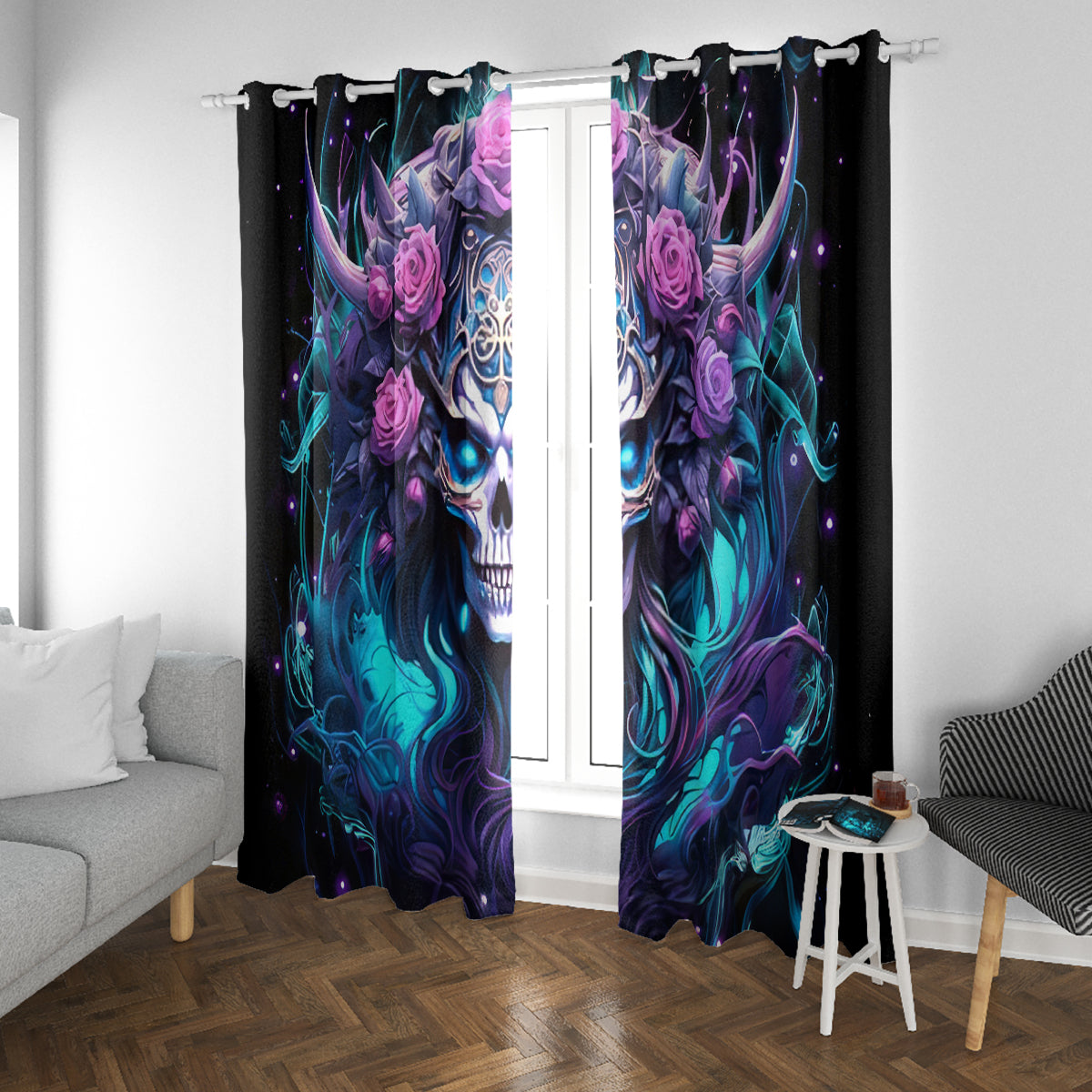 Rose Skull Window Curtain I'm Never Alone My Demons Are With Me 24/7 - Wonder Print Shop