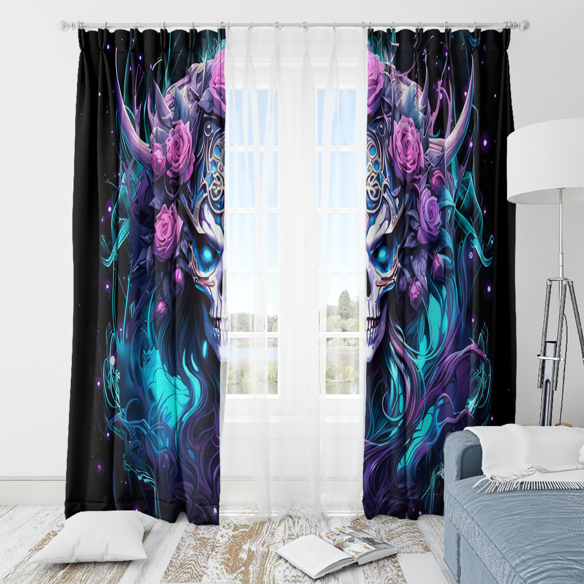 Rose Skull Window Curtain I'm Never Alone My Demons Are With Me 24/7 - Wonder Print Shop