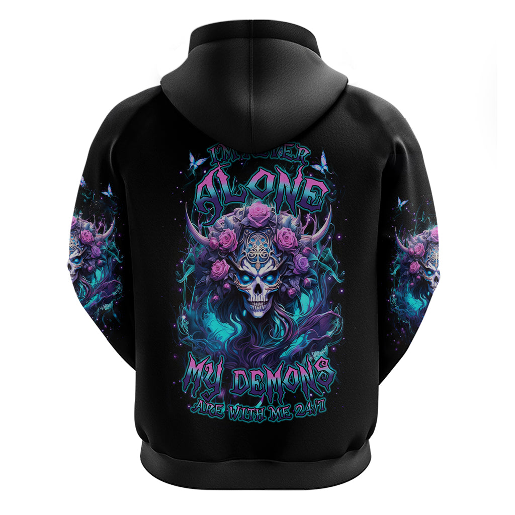 Rose Skull Zip Hoodie I'm Never Alone My Demons Are With Me 24/7 - Wonder Print Shop