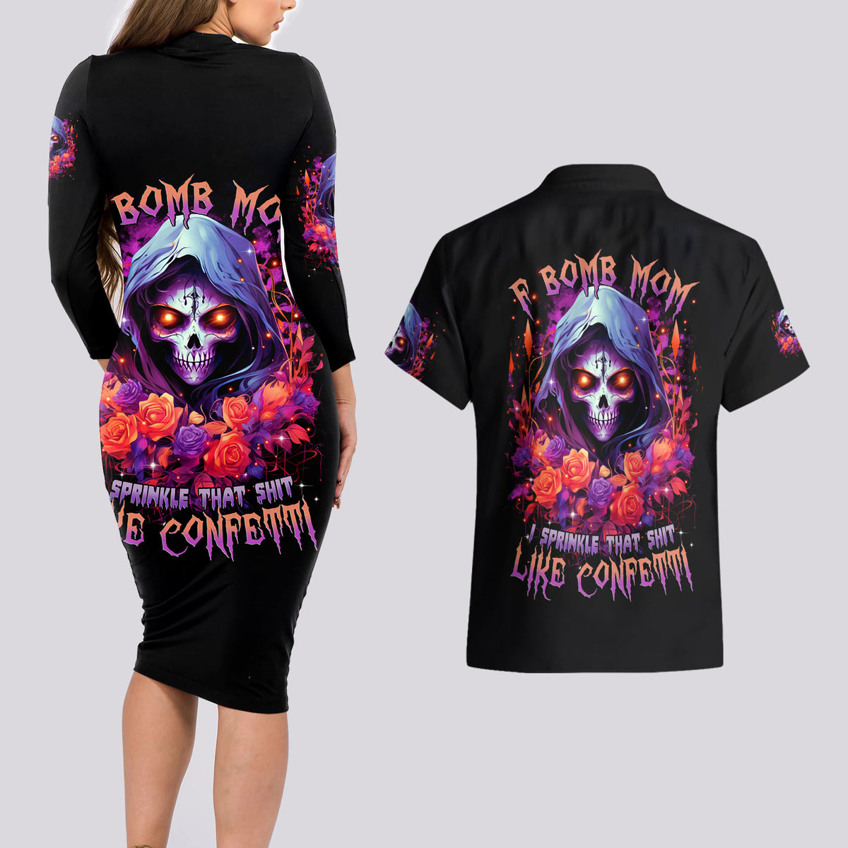 Rose Skull Couples Matching Long Sleeve Bodycon Dress and Hawaiian Shirt F Bomb Mom I Sprinkle That Shit Like Confetti - Wonder Print Shop
