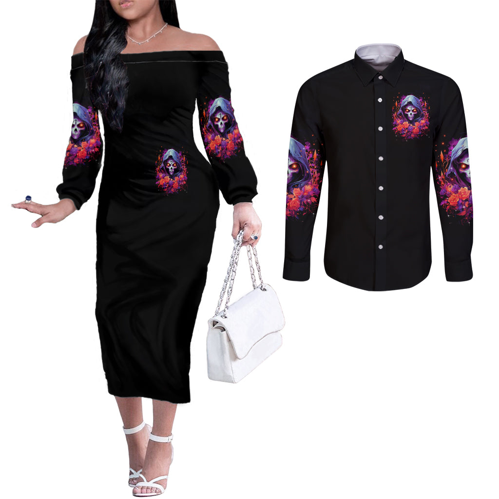 Rose Skull Couples Matching Off The Shoulder Long Sleeve Dress and Long Sleeve Button Shirt F Bomb Mom I Sprinkle That Shit Like Confetti