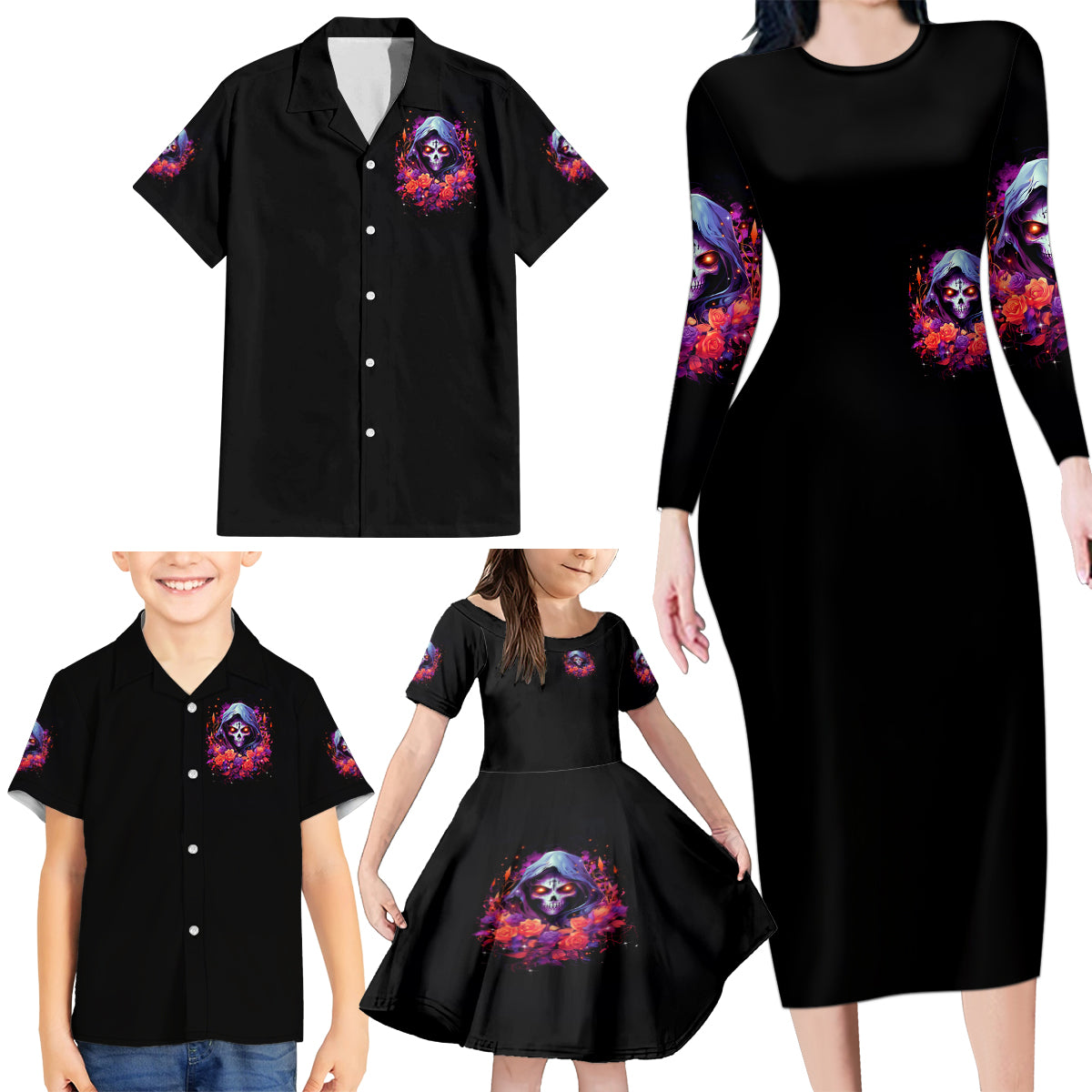 Rose Skull Family Matching Long Sleeve Bodycon Dress and Hawaiian Shirt F Bomb Mom I Sprinkle That Shit Like Confetti - Wonder Print Shop