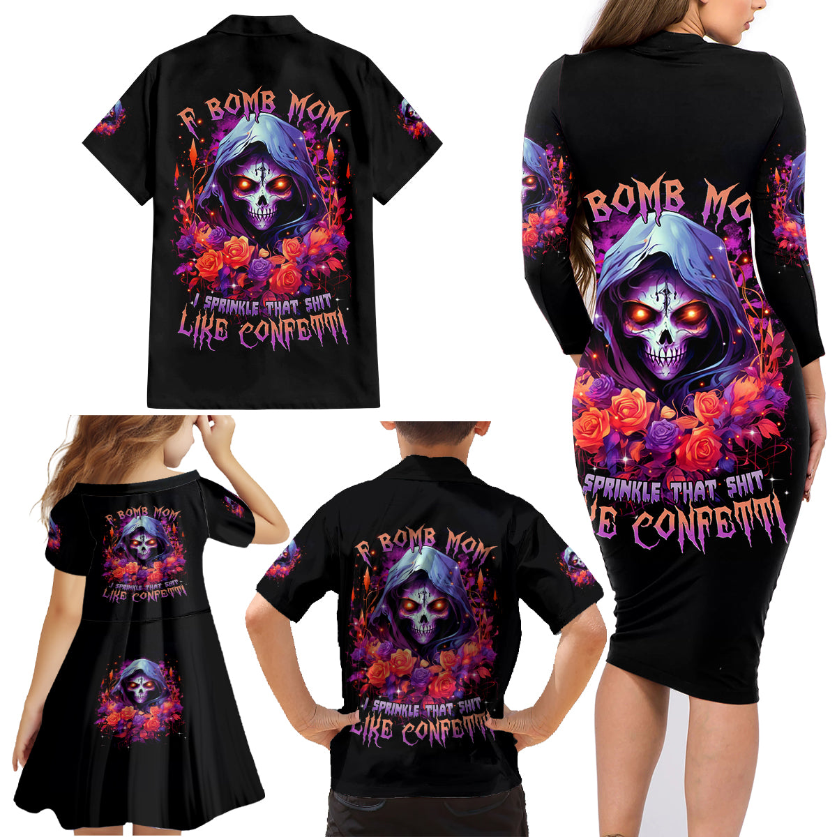 Rose Skull Family Matching Long Sleeve Bodycon Dress and Hawaiian Shirt F Bomb Mom I Sprinkle That Shit Like Confetti - Wonder Print Shop