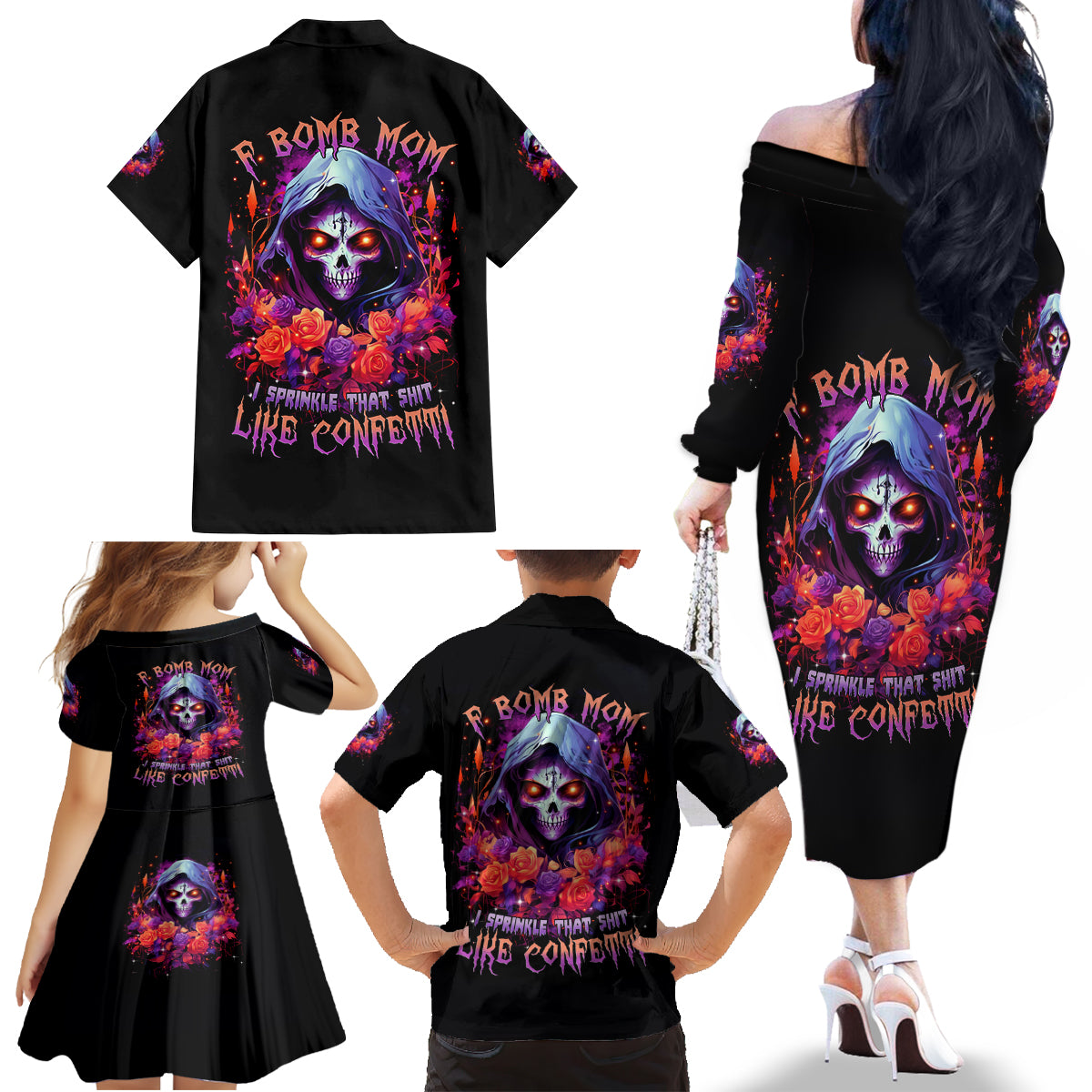 Rose Skull Family Matching Off Shoulder Long Sleeve Dress and Hawaiian Shirt F Bomb Mom I Sprinkle That Shit Like Confetti - Wonder Print Shop