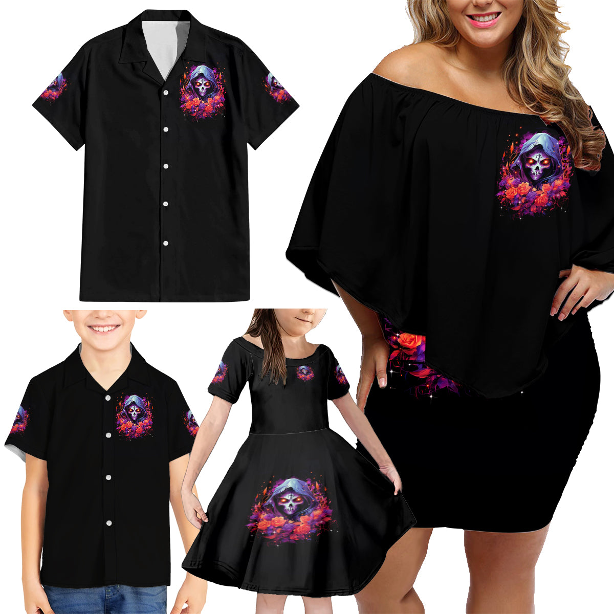 Rose Skull Family Matching Off Shoulder Short Dress and Hawaiian Shirt F Bomb Mom I Sprinkle That Shit Like Confetti - Wonder Print Shop