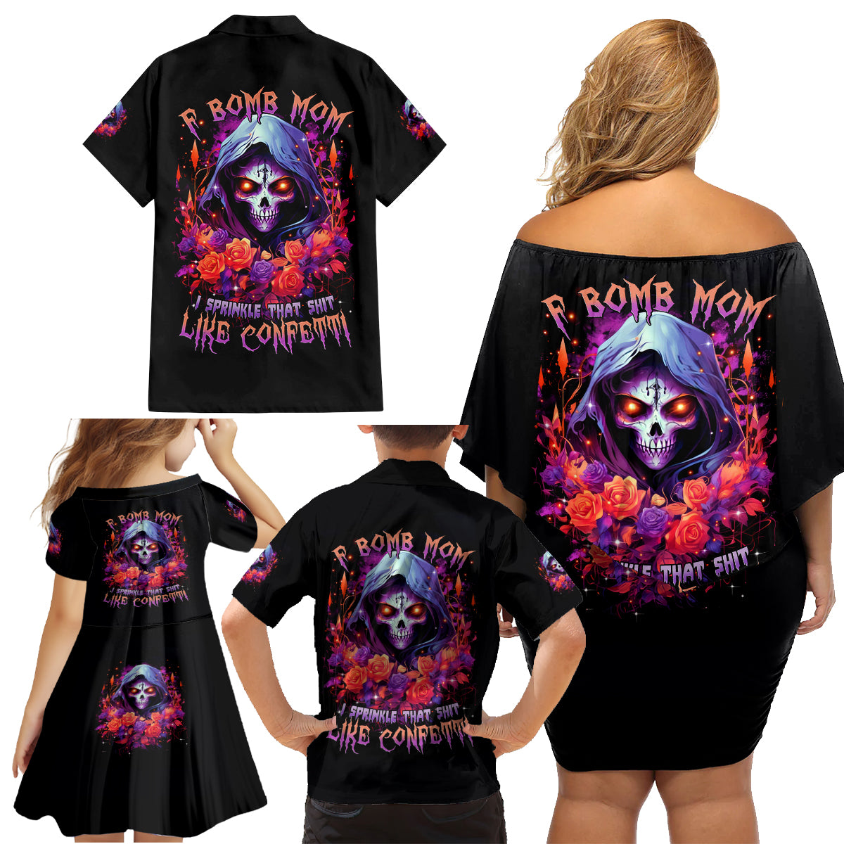 Rose Skull Family Matching Off Shoulder Short Dress and Hawaiian Shirt F Bomb Mom I Sprinkle That Shit Like Confetti - Wonder Print Shop