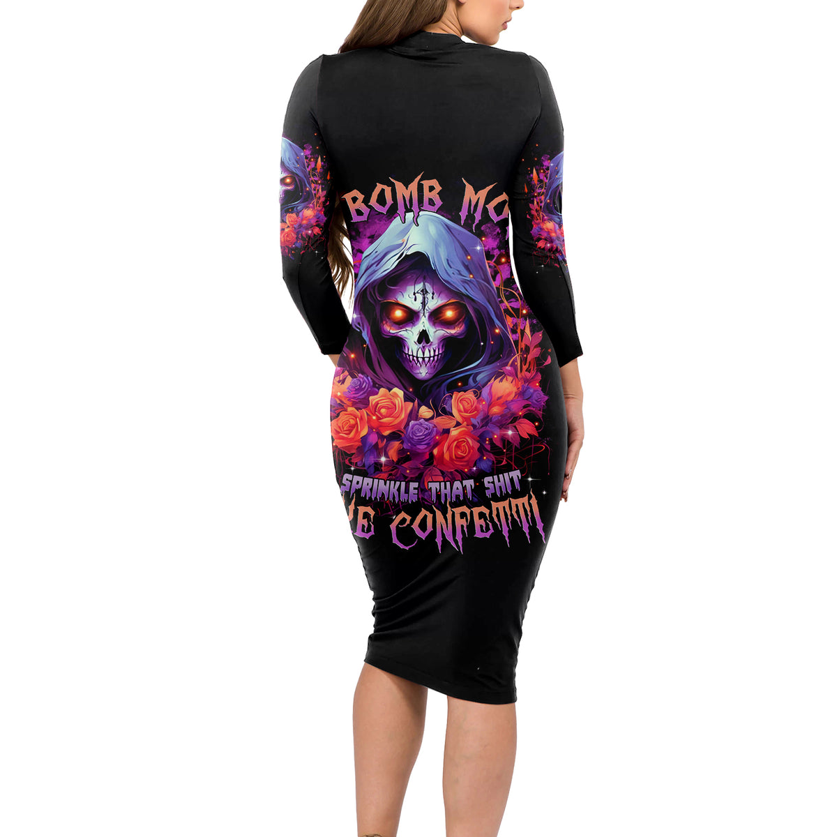 Rose Skull Long Sleeve Bodycon Dress F Bomb Mom I Sprinkle That Shit Like Confetti - Wonder Print Shop