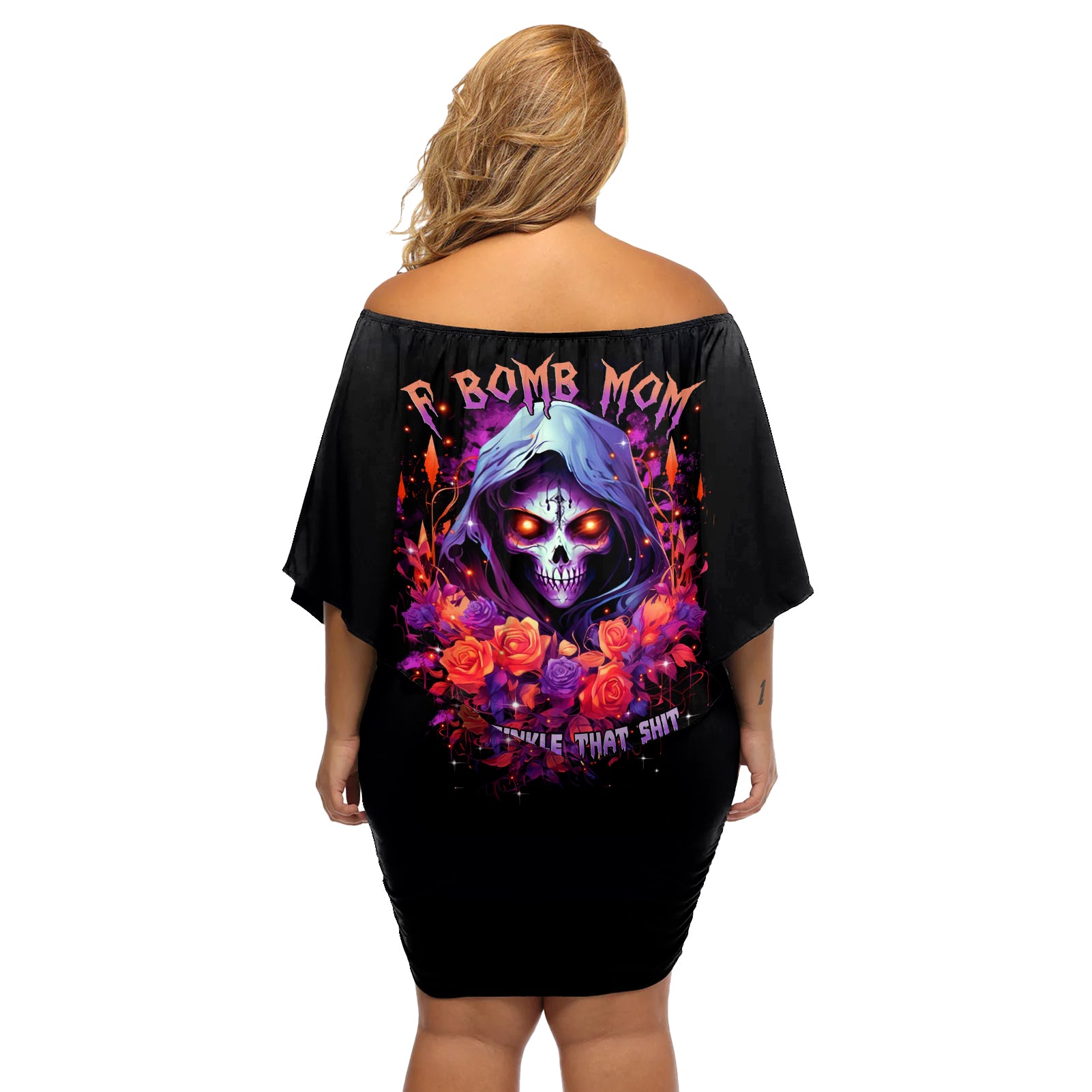 Rose Skull Off Shoulder Short Dress F Bomb Mom I Sprinkle That Shit Like Confetti - Wonder Print Shop