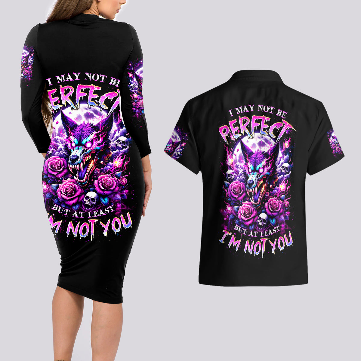 Rose Wolf Couples Matching Long Sleeve Bodycon Dress and Hawaiian Shirt I May Not Be Perfect But At Least I'm Not You - Wonder Print Shop