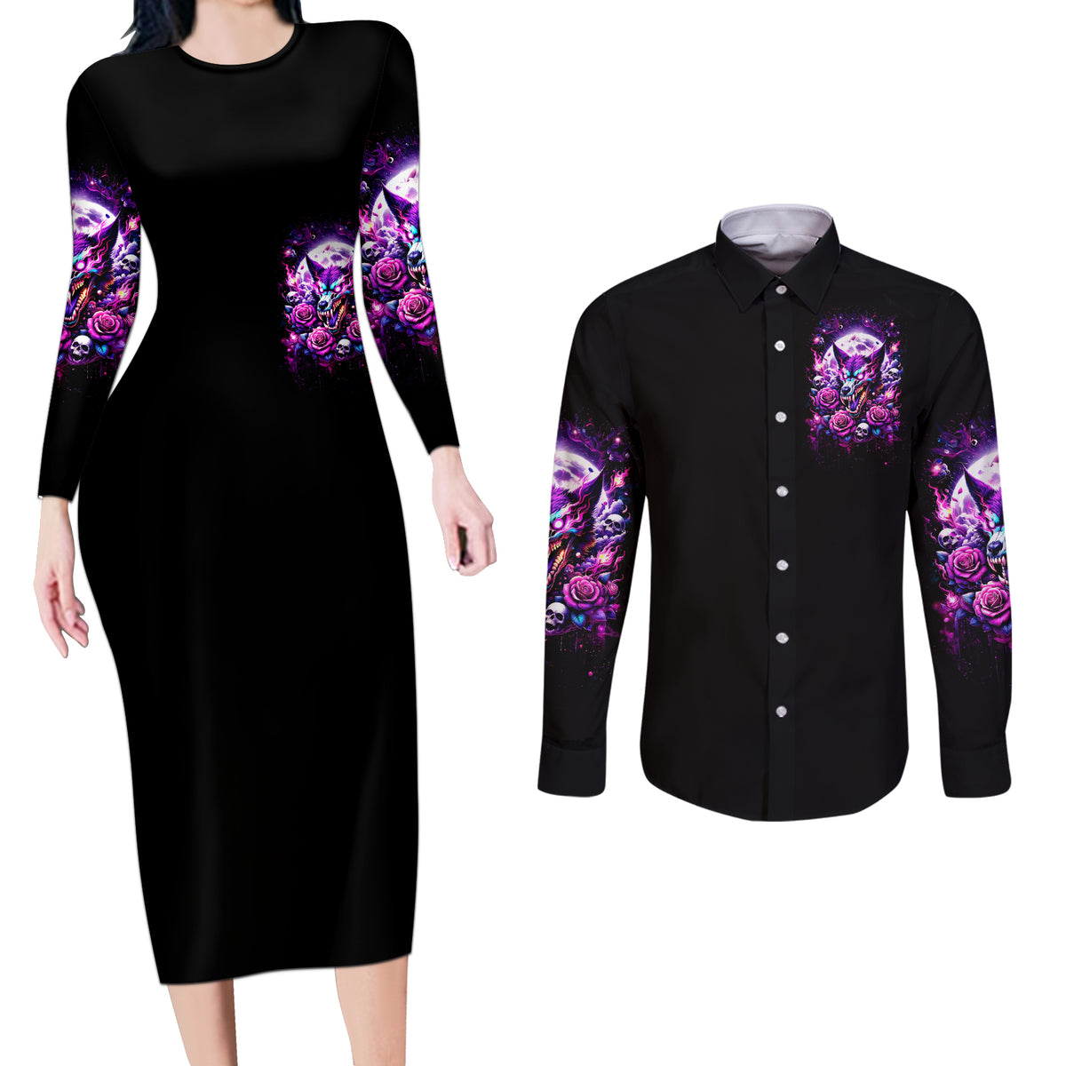 Rose Wolf Couples Matching Long Sleeve Bodycon Dress and Long Sleeve Button Shirt I May Not Be Perfect But At Least I'm Not You - Wonder Print Shop