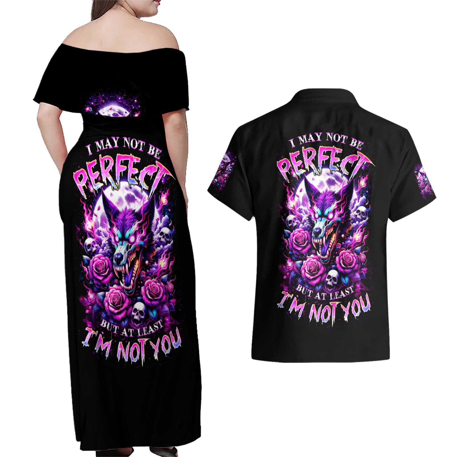 Rose Wolf Couples Matching Off Shoulder Maxi Dress and Hawaiian Shirt I May Not Be Perfect But At Least I'm Not You - Wonder Print Shop
