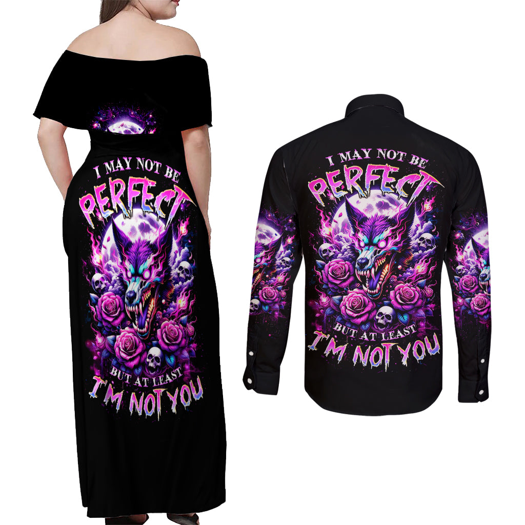 Rose Wolf Couples Matching Off Shoulder Maxi Dress and Long Sleeve Button Shirt I May Not Be Perfect But At Least I'm Not You - Wonder Print Shop