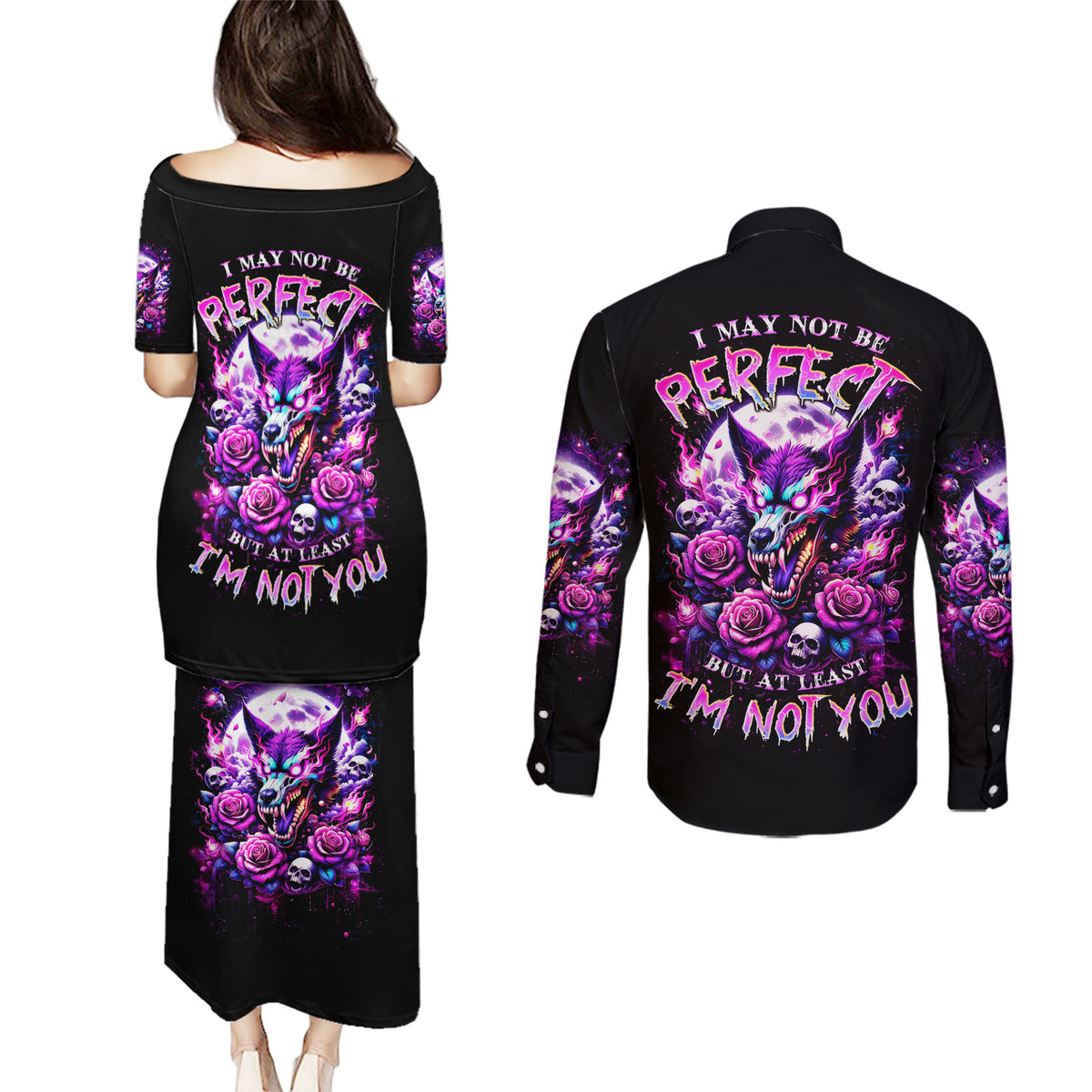 Rose Wolf Couples Matching Puletasi and Long Sleeve Button Shirt I May Not Be Perfect But At Least I'm Not You - Wonder Print Shop