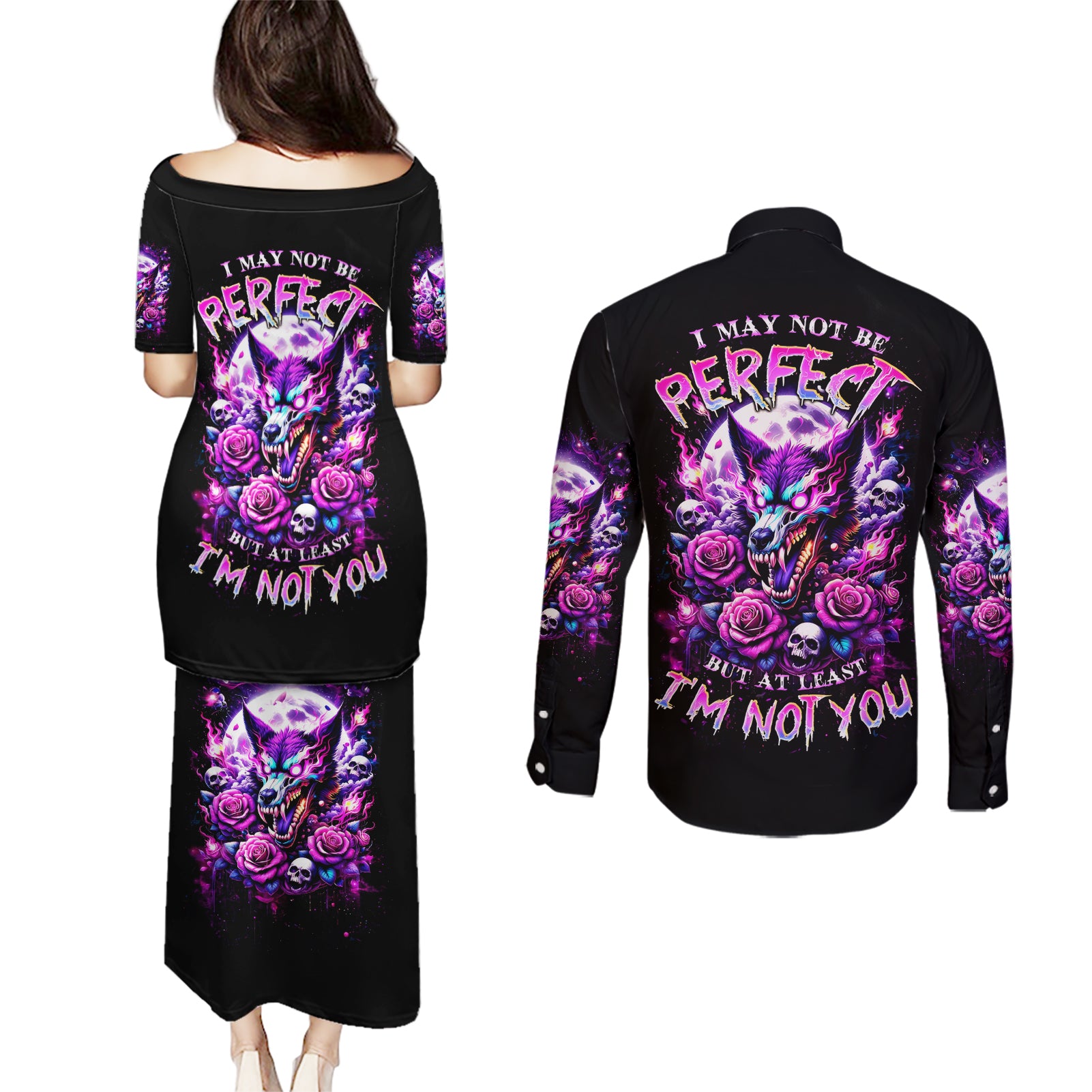 Rose Wolf Couples Matching Puletasi and Long Sleeve Button Shirt I May Not Be Perfect But At Least I'm Not You - Wonder Print Shop