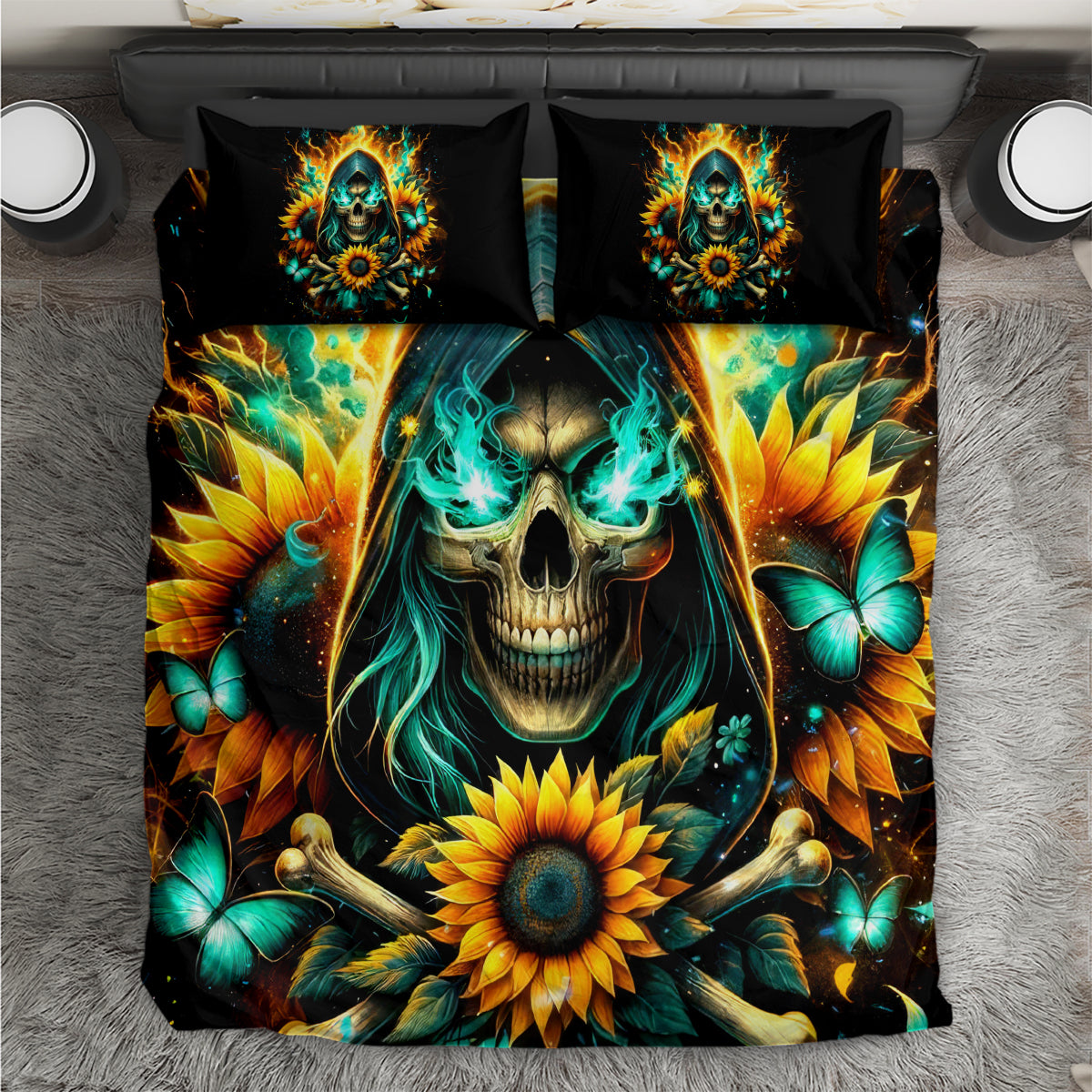 Sunflower Skull Bedding Set I'm Blunt Because God Rolled Me That Way - Wonder Print Shop