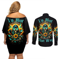 Sunflower Skull Couples Matching Off Shoulder Short Dress and Long Sleeve Button Shirt I'm Blunt Because God Rolled Me That Way - Wonder Print Shop