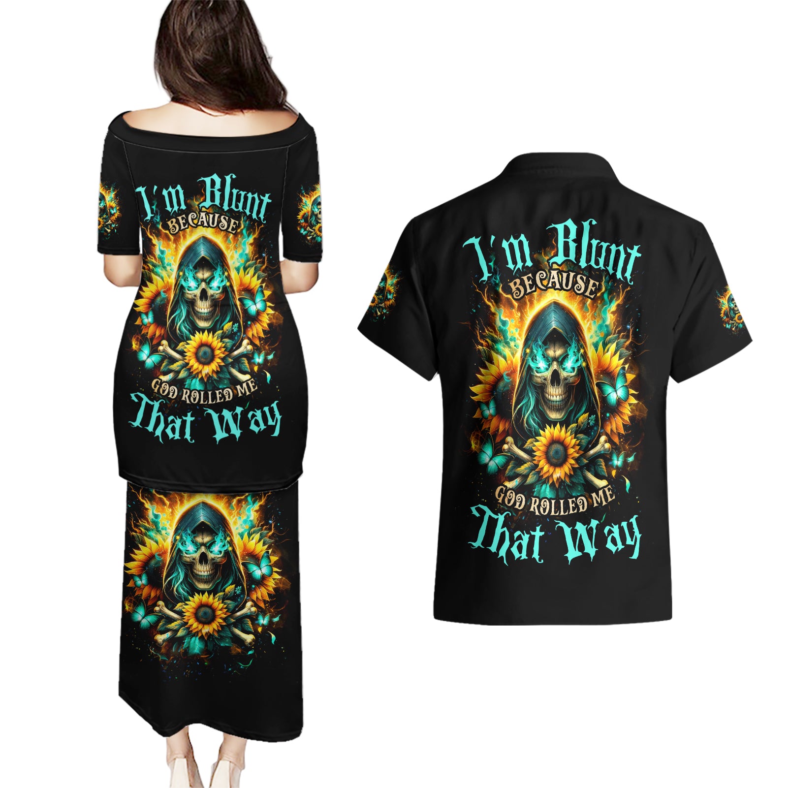Sunflower Skull Couples Matching Puletasi and Hawaiian Shirt I'm Blunt Because God Rolled Me That Way - Wonder Print Shop