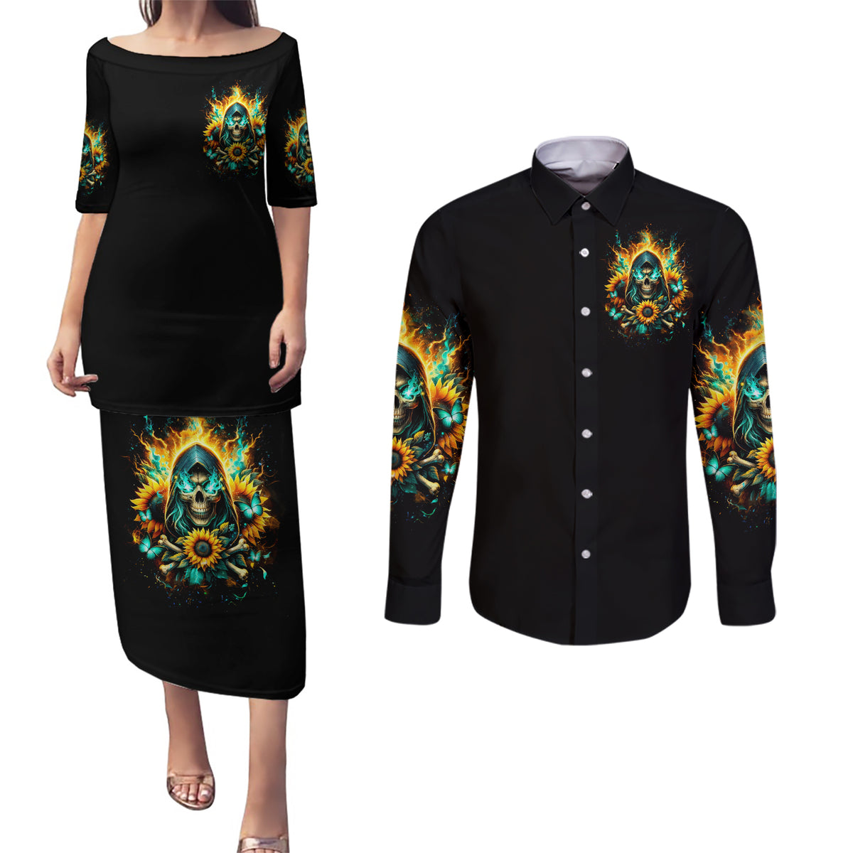 Sunflower Skull Couples Matching Puletasi and Long Sleeve Button Shirt I'm Blunt Because God Rolled Me That Way - Wonder Print Shop