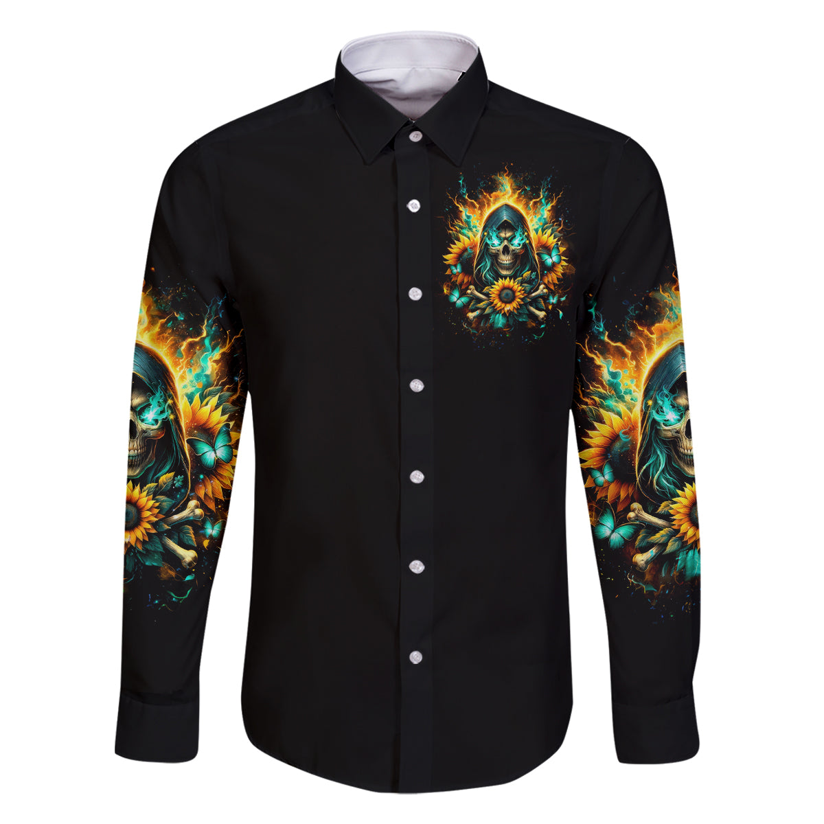 Sunflower Skull Family Matching Long Sleeve Bodycon Dress and Hawaiian Shirt I'm Blunt Because God Rolled Me That Way - Wonder Print Shop